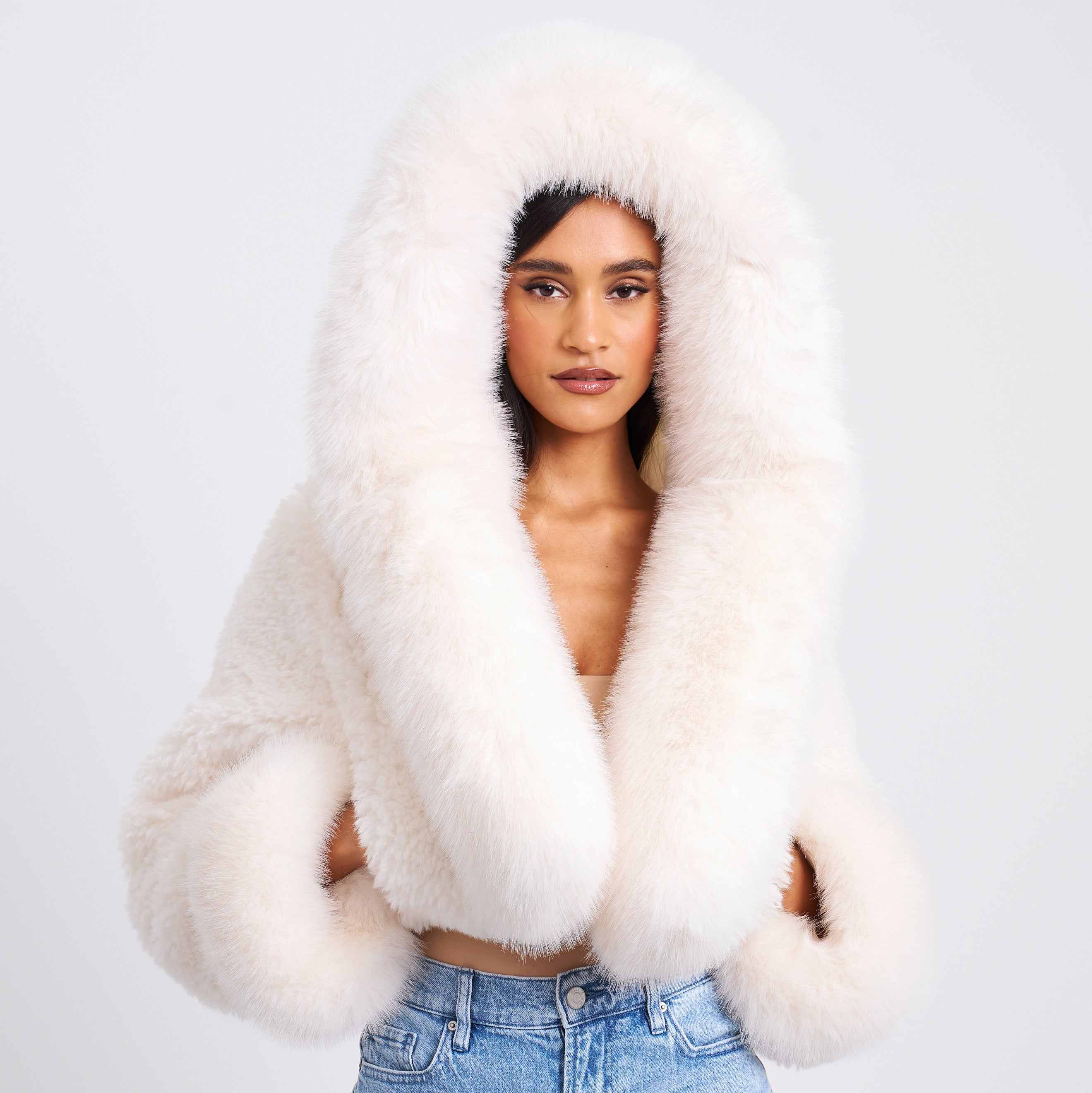 Kali White Cropped Vegan Fur Jacket With Hood | Miss Circle