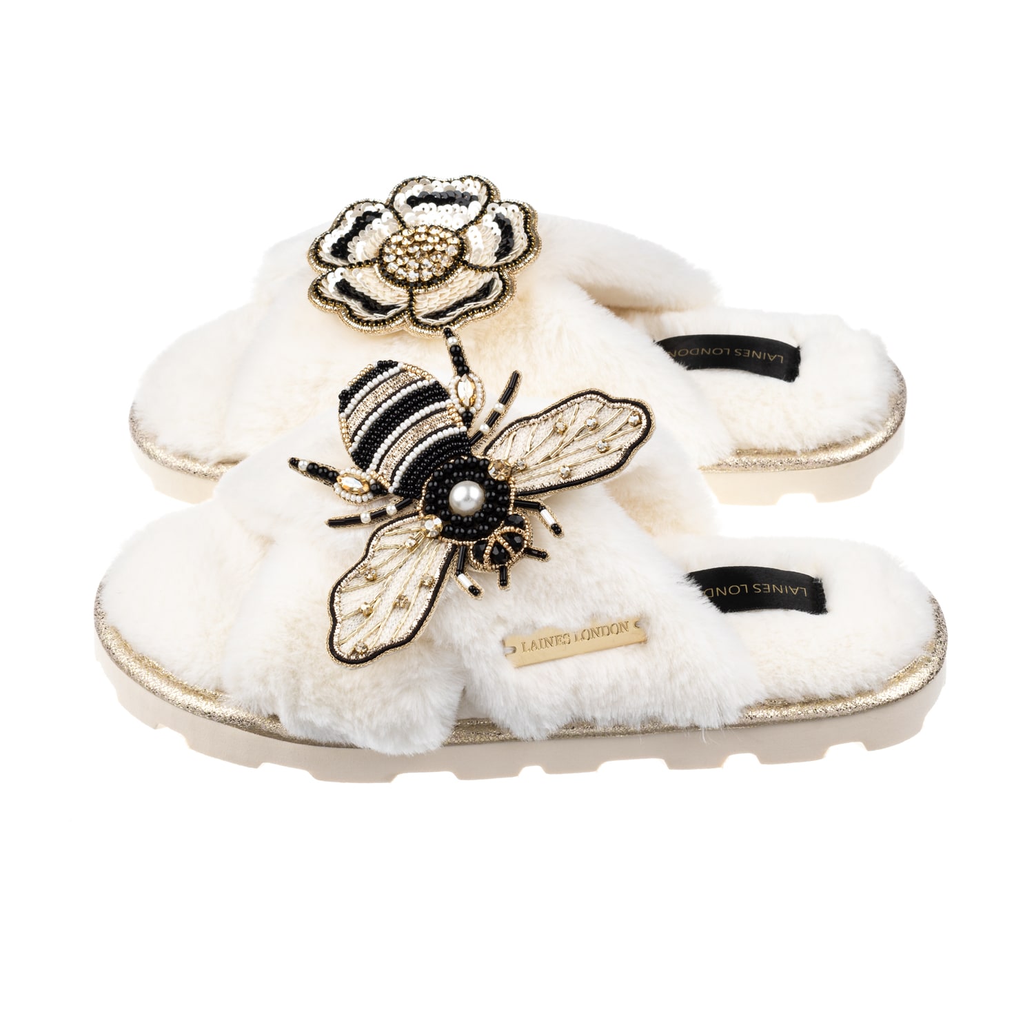 Women’s White Ultralight Chic Laines Slipper Sliders With Bee & Flower Brooches - Cream Large Laines London