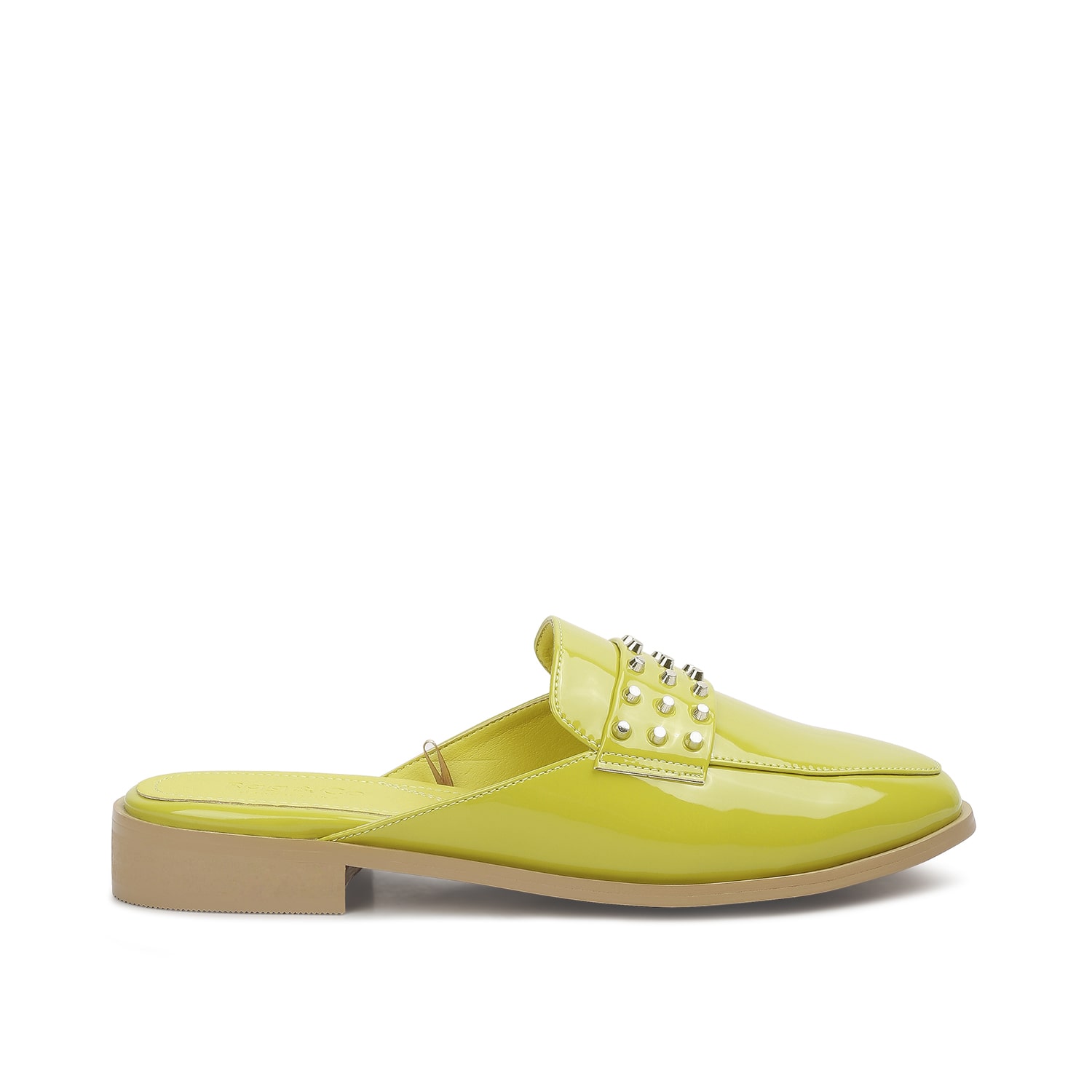 Rag & Co Women's Yashta Lime Green Patent Studded Flat Mules By