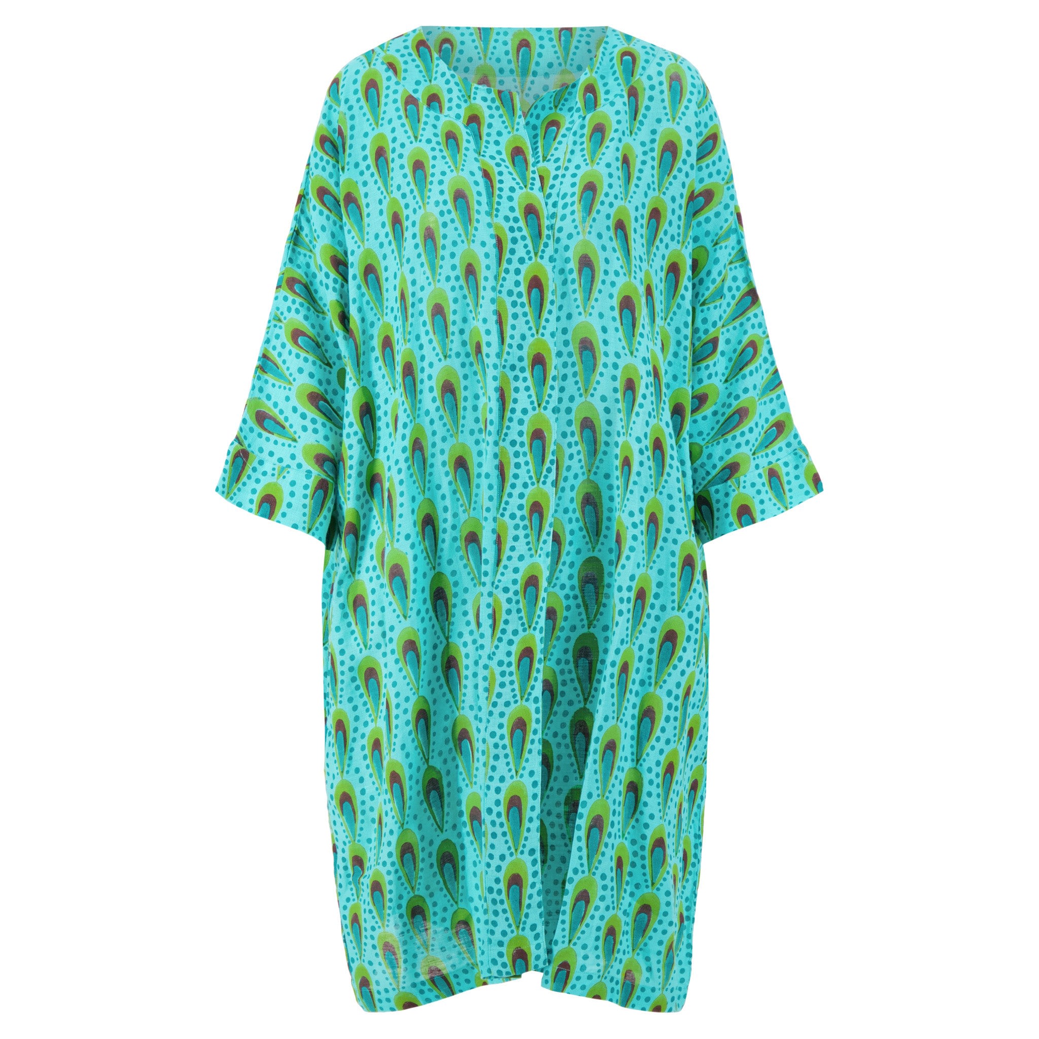 Women’s Green / Blue Toni Open Front Linen Duster Coat With Side Pockets And Three Quarter Sleeves In Aqua Peacock Block Print One Size Kate Austin Designs