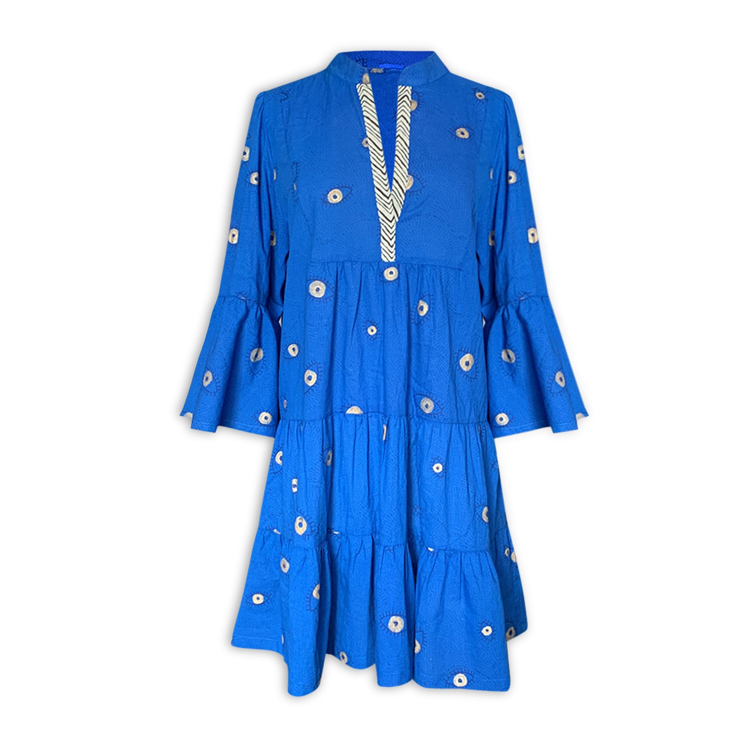 Women’s Babydoll Mini Dress Evil Eye Moroccan Blue Handblock Cotton Extra Small Pick Happy