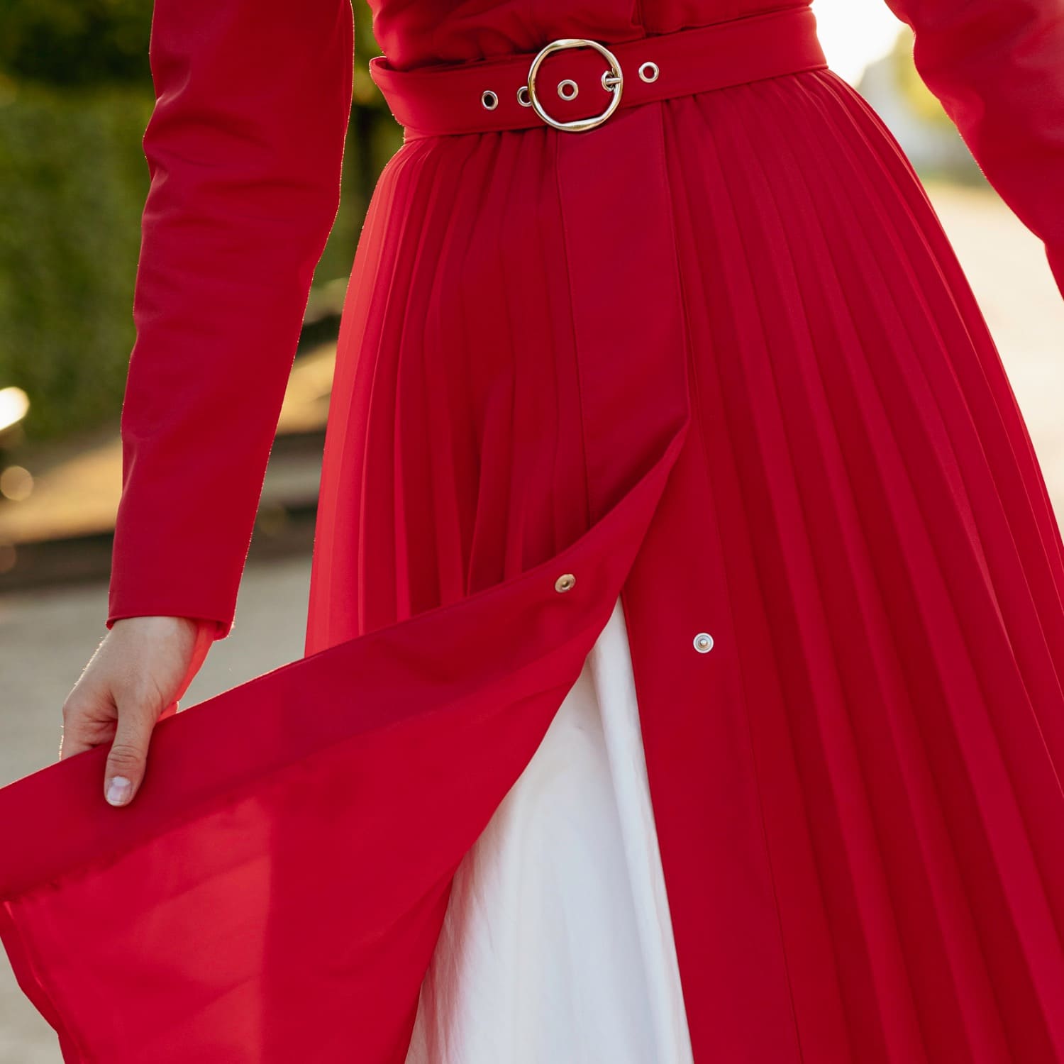 Red Fit & Flare A-Line Coat With Pleated Skirt: Scarlet Waltz