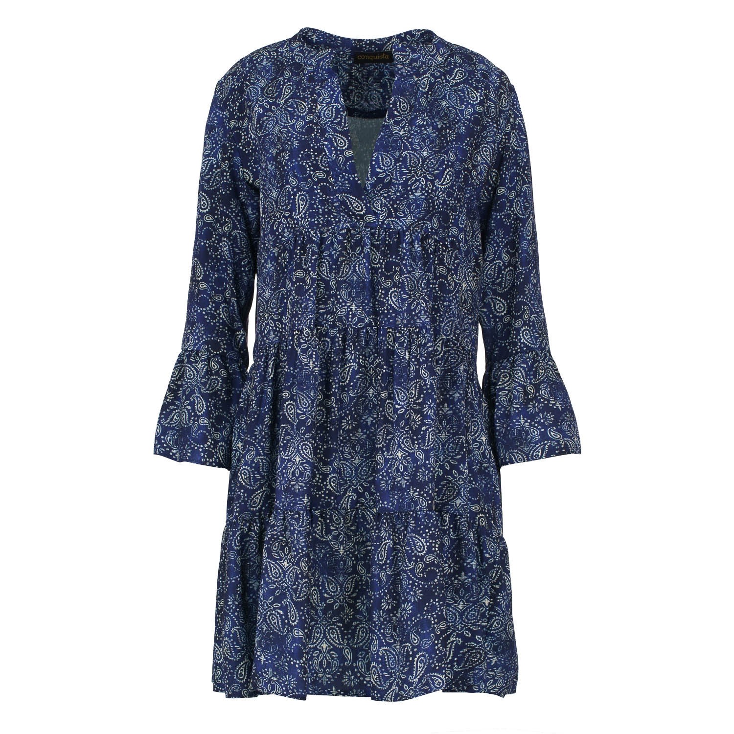 Women’s Blue Paisley A Line Dress With Bell Sleeves Small Conquista