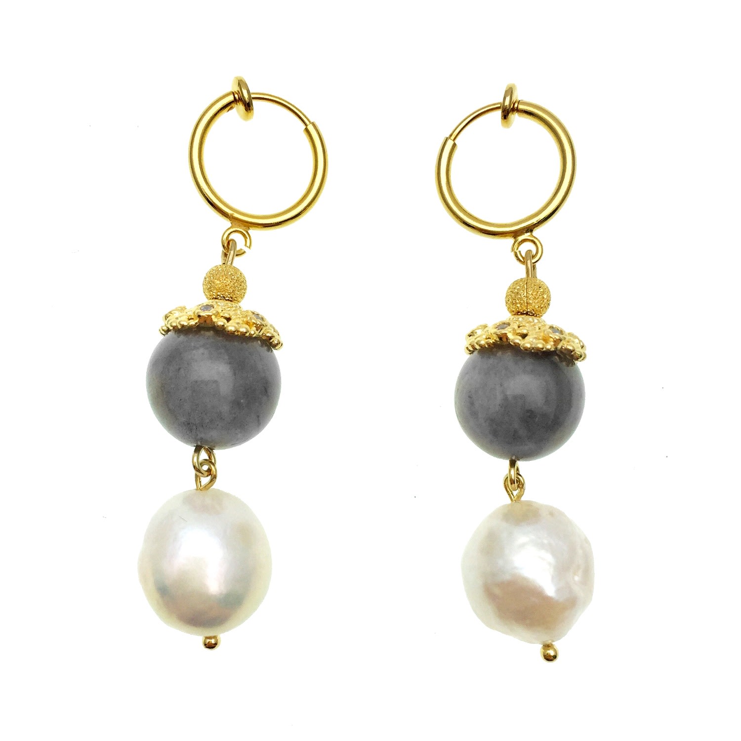 Farra Women's Grey / White Labradorite And Freshwater Pearl Simple Dangle Earrings