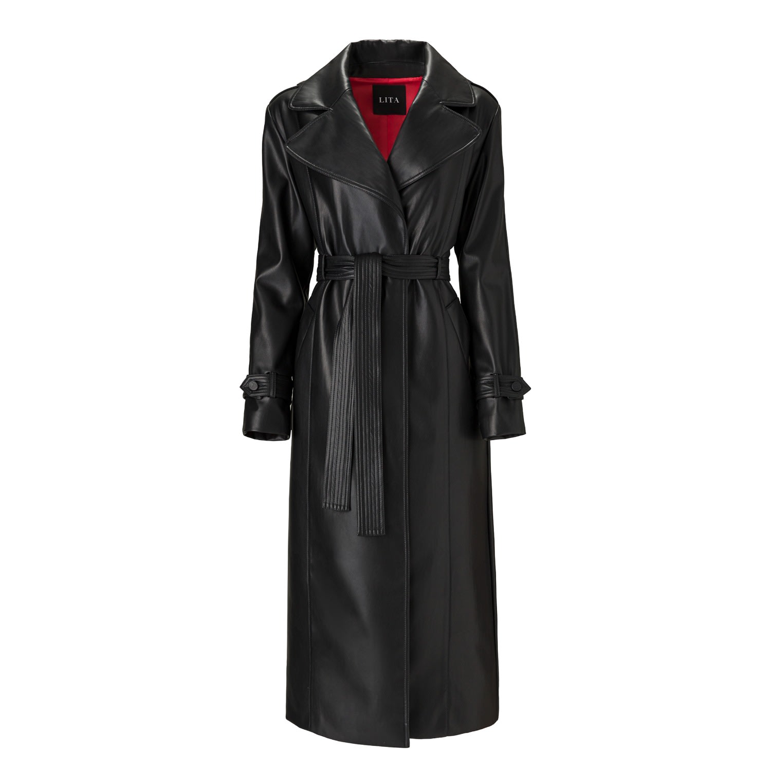 Lita Couture Belted Leather Trench Coat In Black In Black