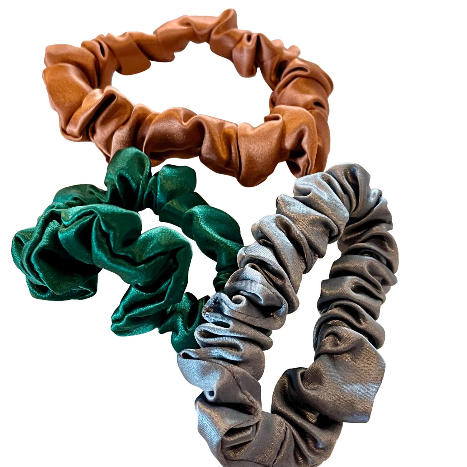 Women's Gold Set Of Three Pure Mulberry Silk Mini Scrunchies Weekly Special Hair Ties Autumn Jewels | One Size | Soft Strokes Silk