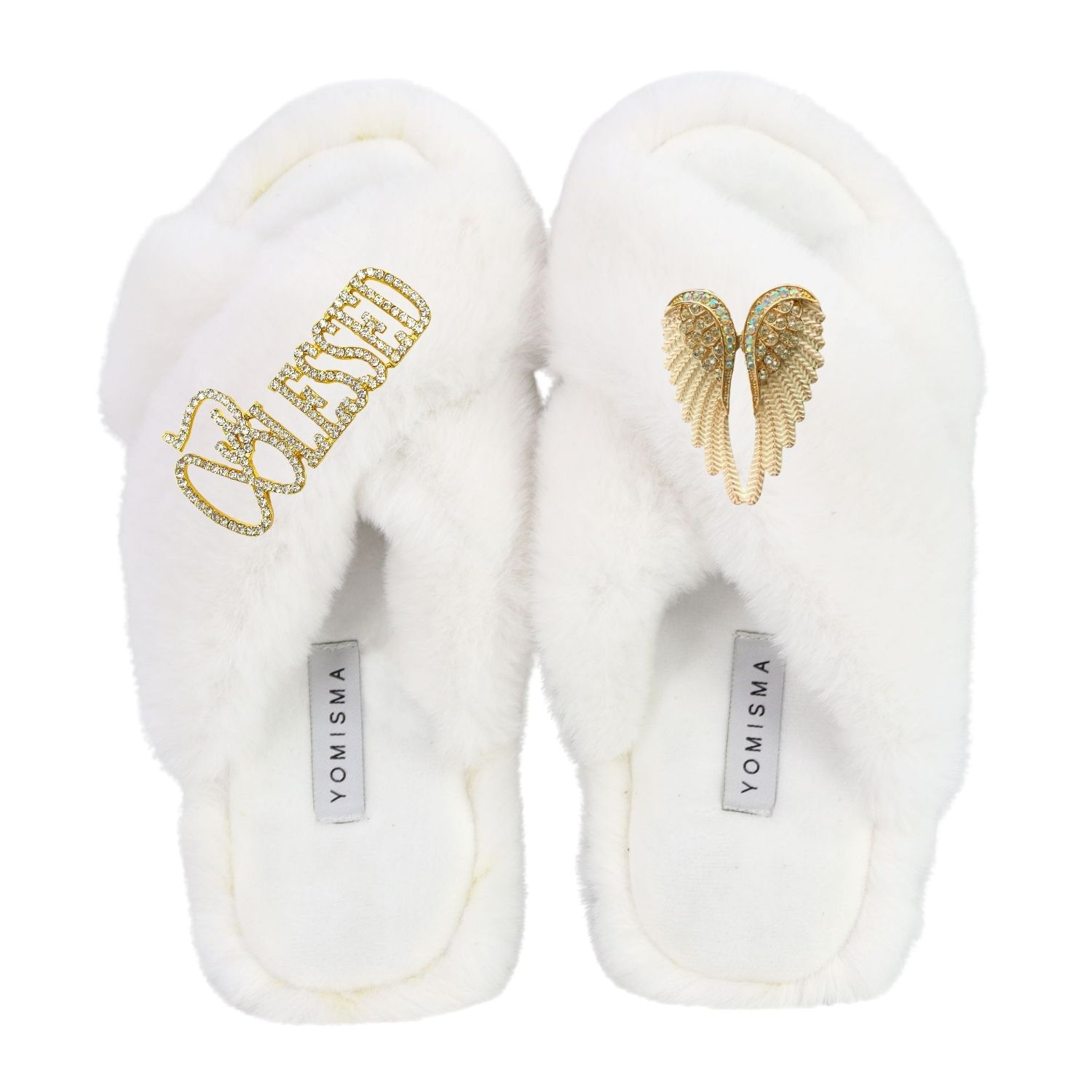 Yomisma Women's Faux Fur Slippers - Global Recycled Standard Certified - Blessed + White Angel Wing Embellis In White