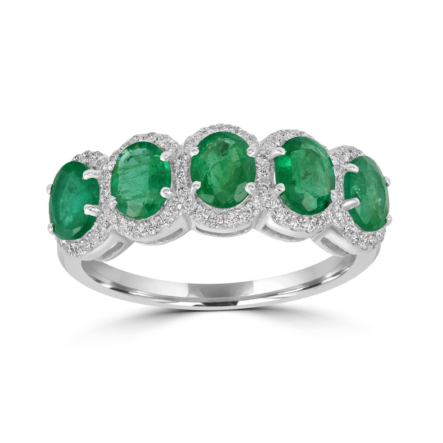 Artisan Women's White / Green Natural Emerald & Diamond Five Stone Band Ring In White Gold