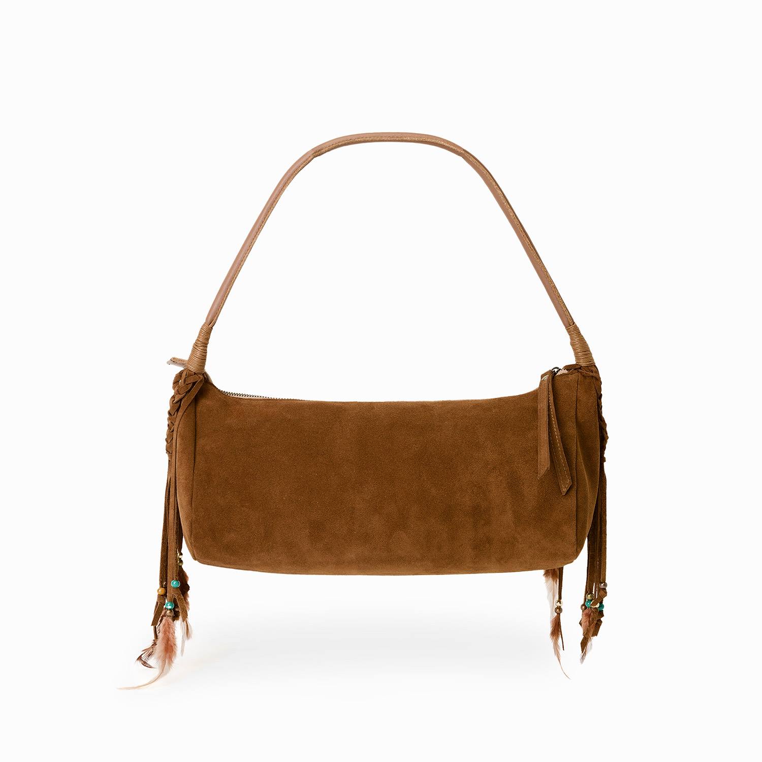 Juan-jo Women's Brown Suede Bag- Boho Baguette Purse Fringes And Feathers