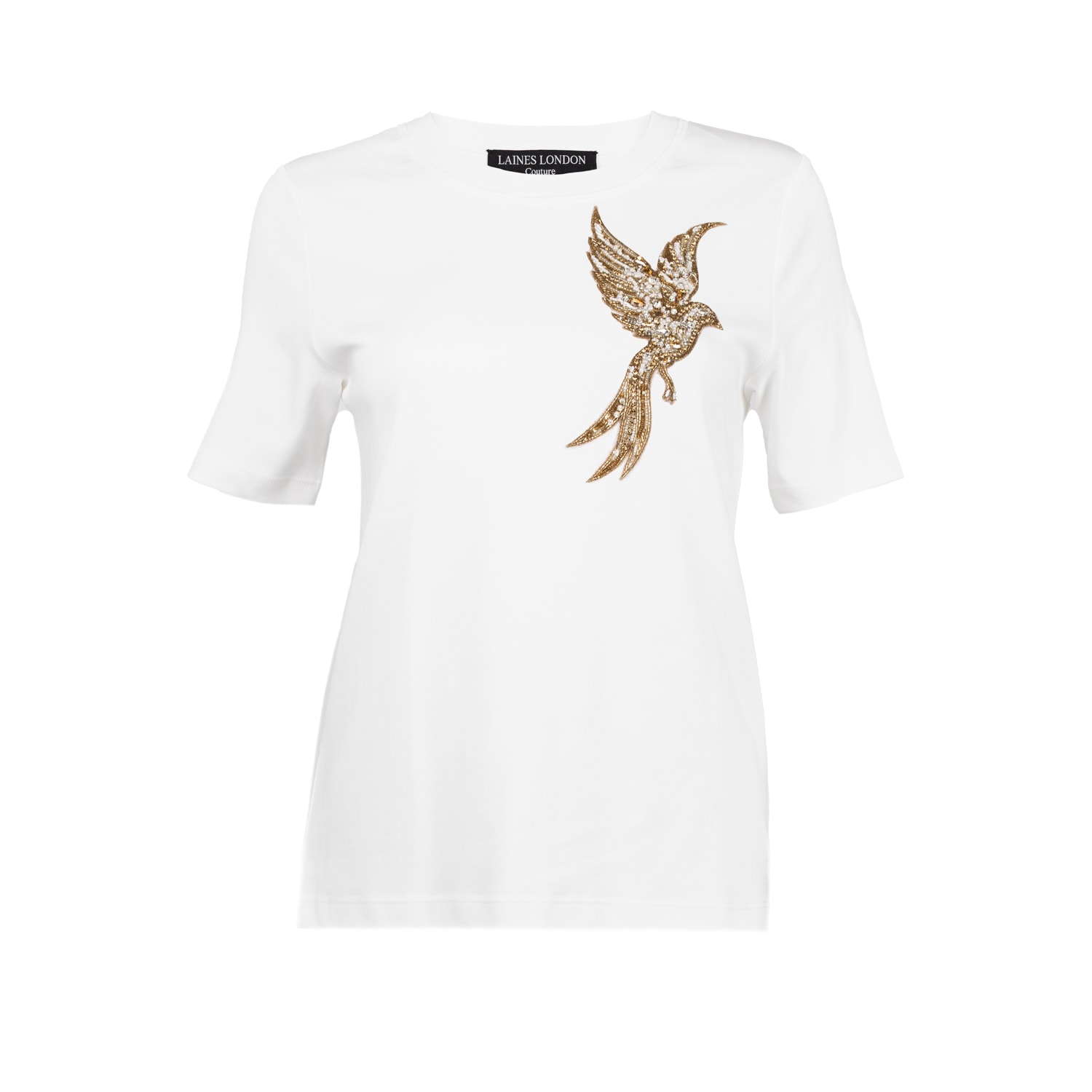 Laines London Women's White / Gold Laines Couture Embellished Bird Of Paradise T-shirt - White