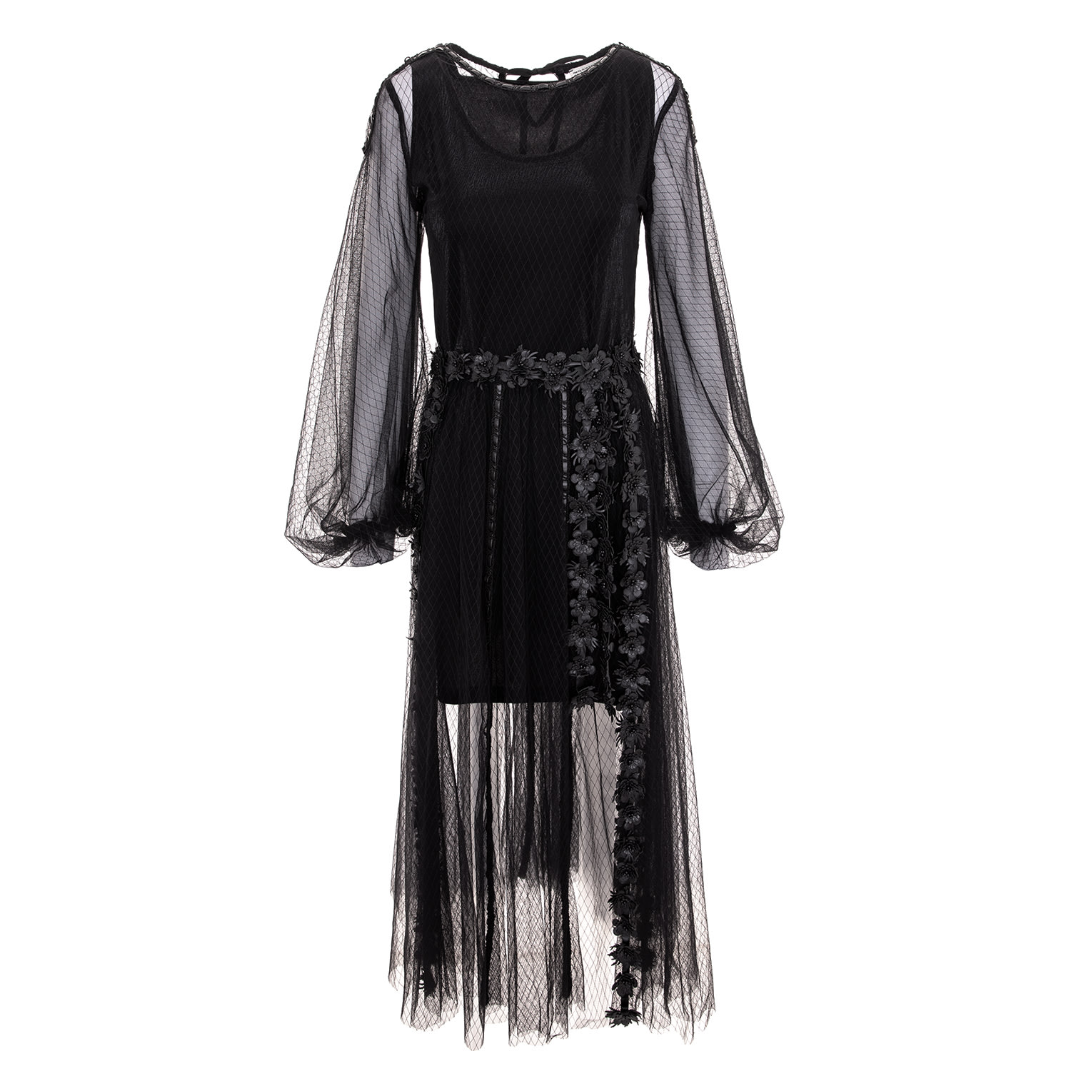 Women’s Black Textured Tulle Fit-And-Flare Dress With Volumetric Appliqus Medium Silvia Serban