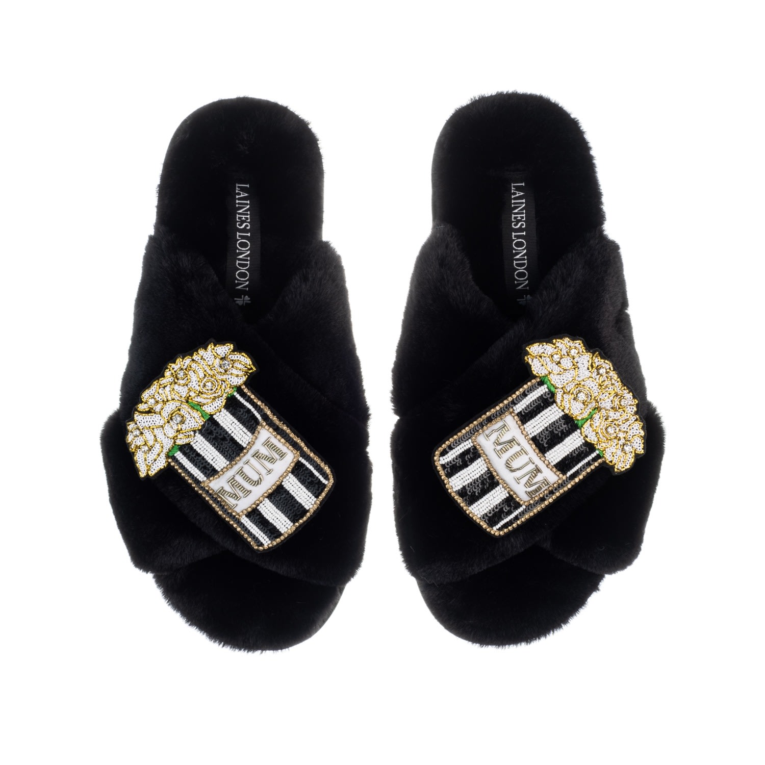 Women’s Classic Laines Slippers With Mothers Day Double Mum Bouquet Brooches - Black Medium Laines London