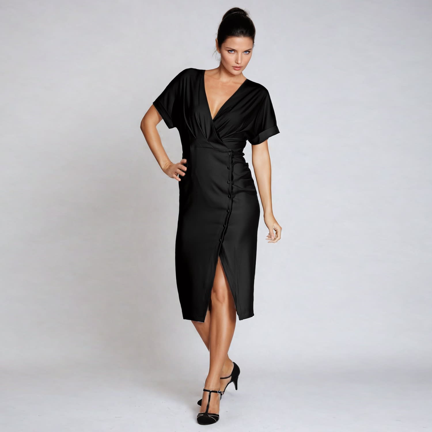 スーツ・フォーマル・ドレス AMERI  WAVE COLLAR SHORT LOGO SET UP Asymmetric Side Buttoned Cross-Heart Dress - Black | Smart