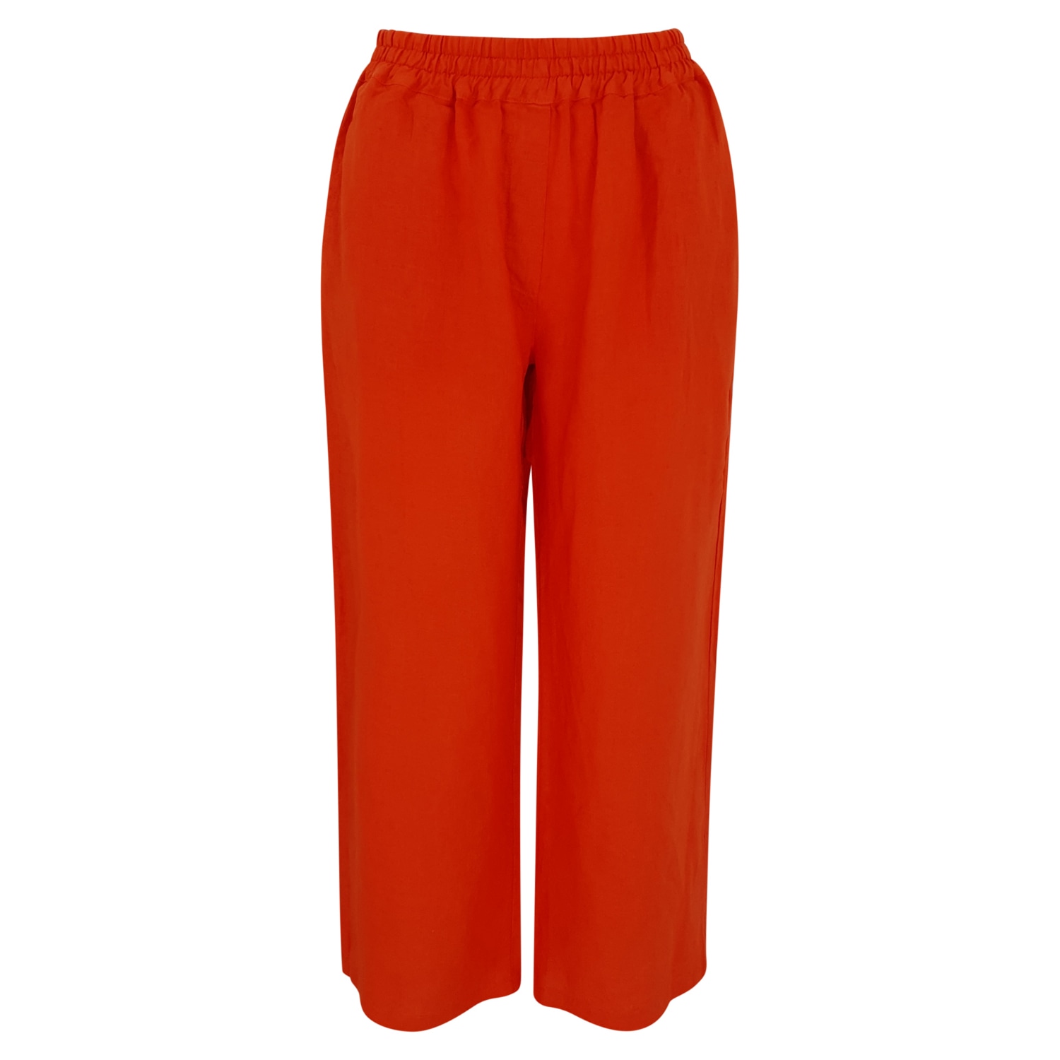 Haris Cotton Women's Red Solid Wide Leg Linen Pants With Slant Pocket - Coral Reef In Orange