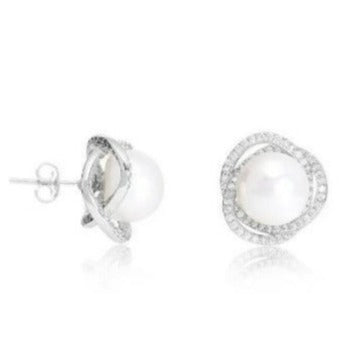 Pearls Of The Orient Online Women's Silver / White Stella Cultured Freshwater Pearl Stud Earrings With Pave Swirl Surround In Multi