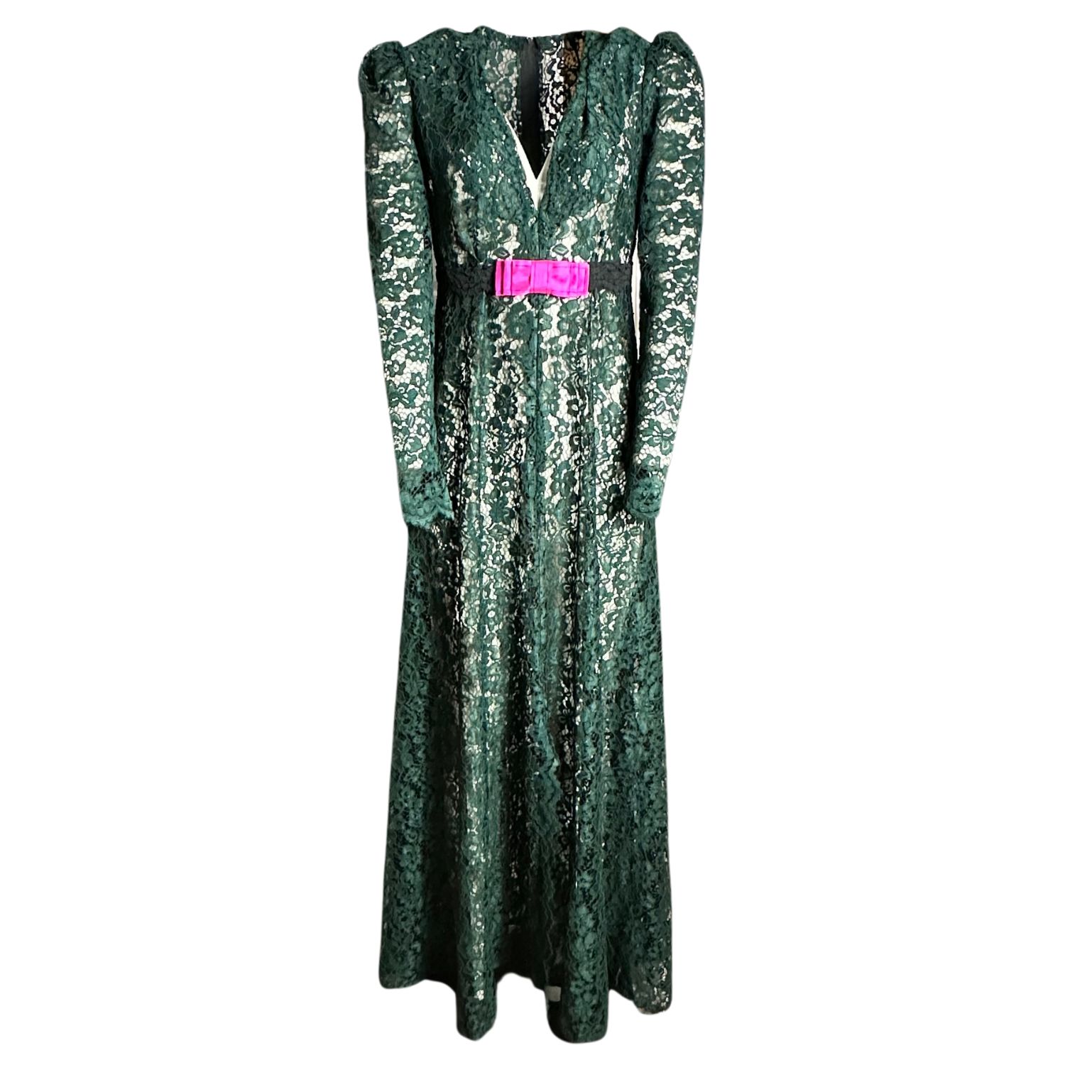Women's Green / Gold / Pink Green Sheer Lace Gothic Maxi Dress | Medium | Couture to Your Door