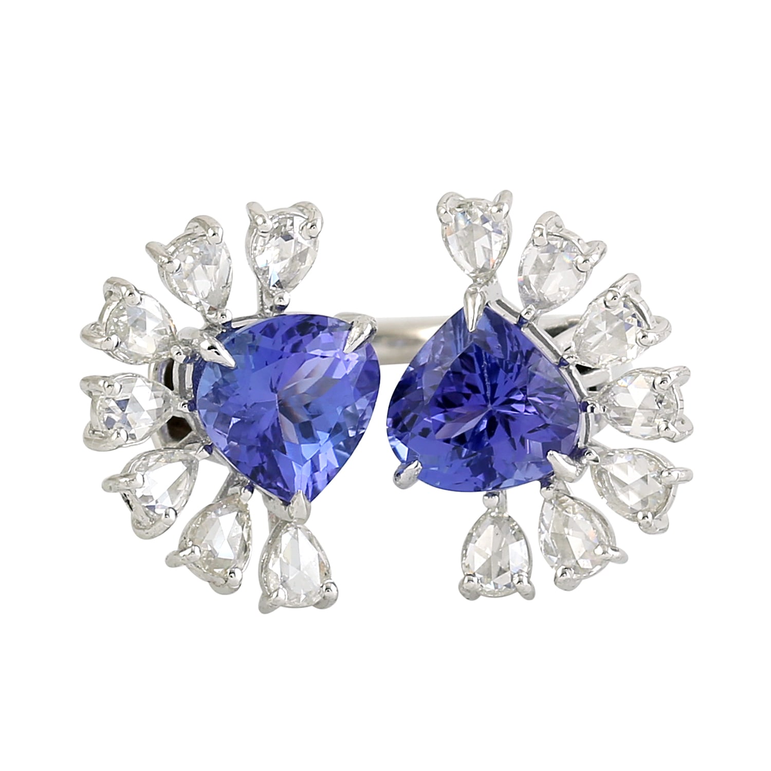 Women’s Blue / White 18K White Gold In Heart Shape Tanzanite & Rose Cut Diamond Bypass Designer Ring Artisan