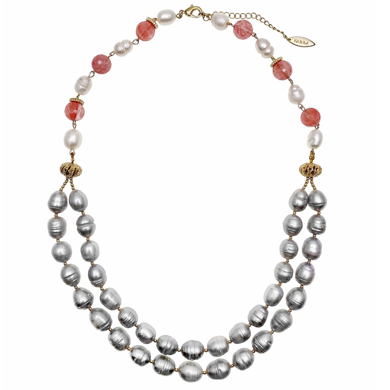 Farra Women's Grey / White / Red Grey Freshwater Pearls With Watermelon Quartz Double Strands Necklace In Multi