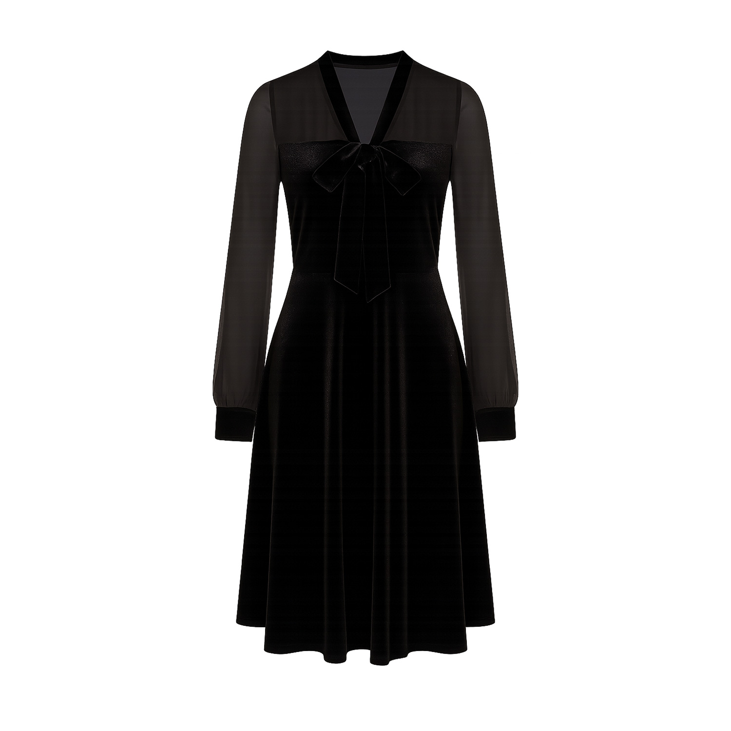 Yumi Women's  Black Velvet Pussy Bow Sheer Sleeves Skater Dress In Black