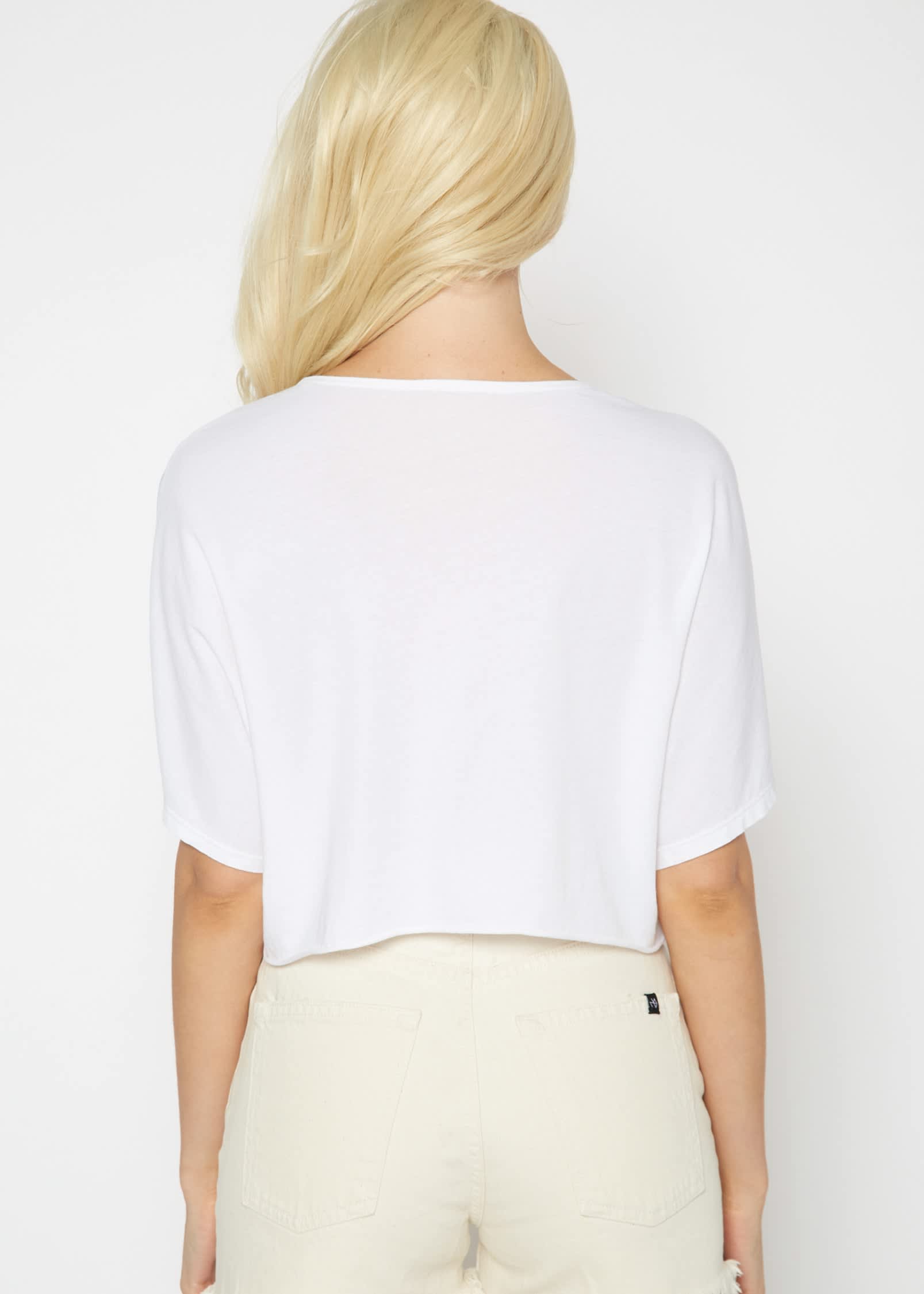OThread Women's Short Sleeve Crop Top - Scoop Neck Asymmetrical Hem Basic Stretch Tee, White Medium - View #2
