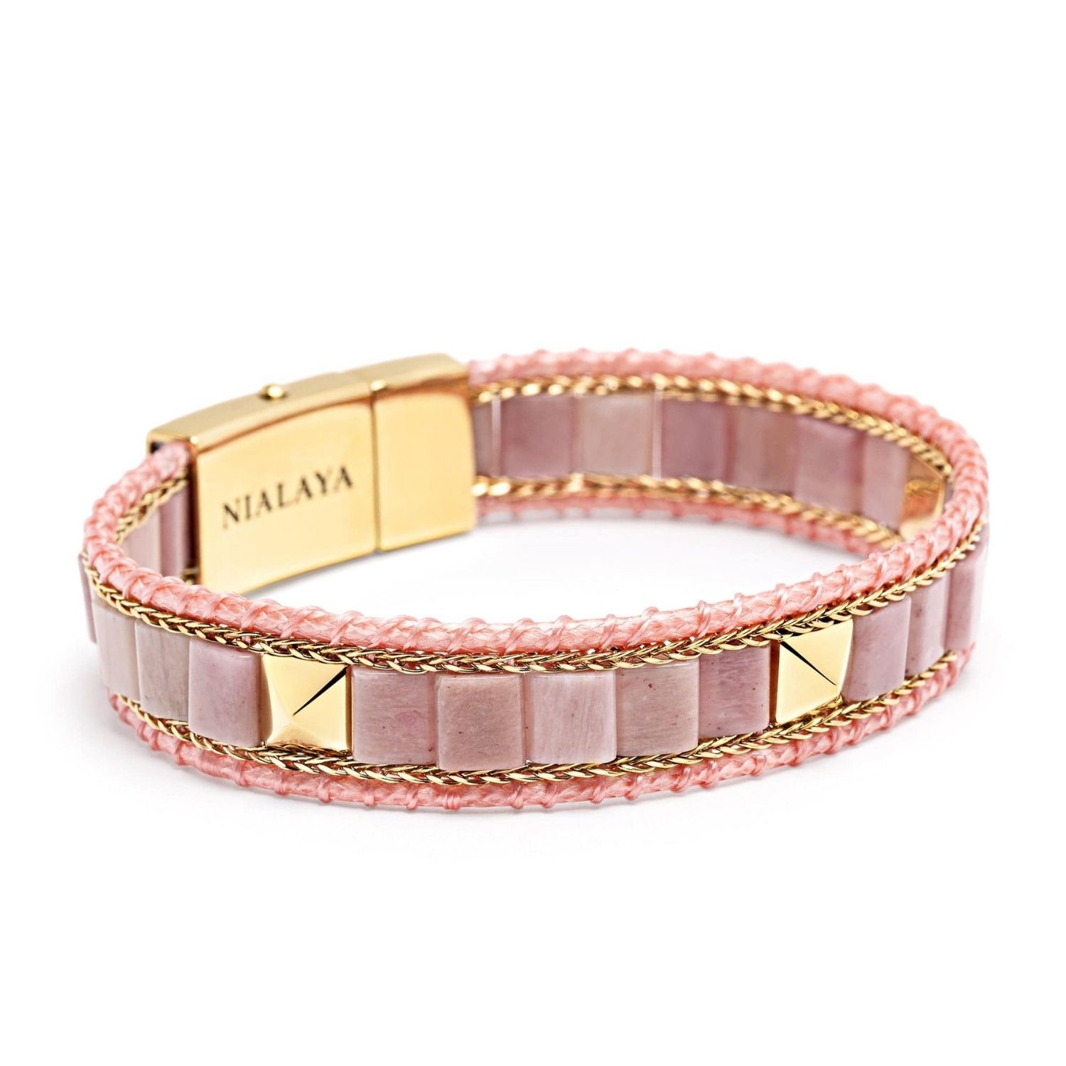 Nialaya Women's Pink / Gold Rhodonite Stud Bracelet In Pink
