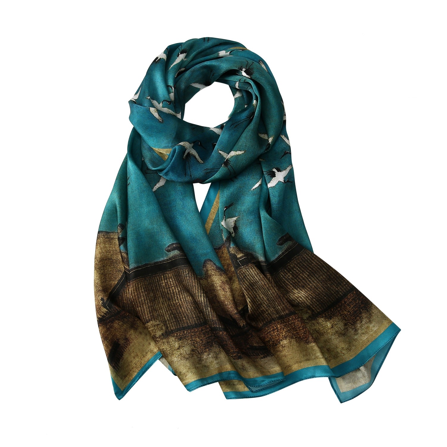 Women’s Green Pure Silk Scarf Ink & Colour By Zhao Ji Auspicious Crane Long Large Soft Strokes Silk