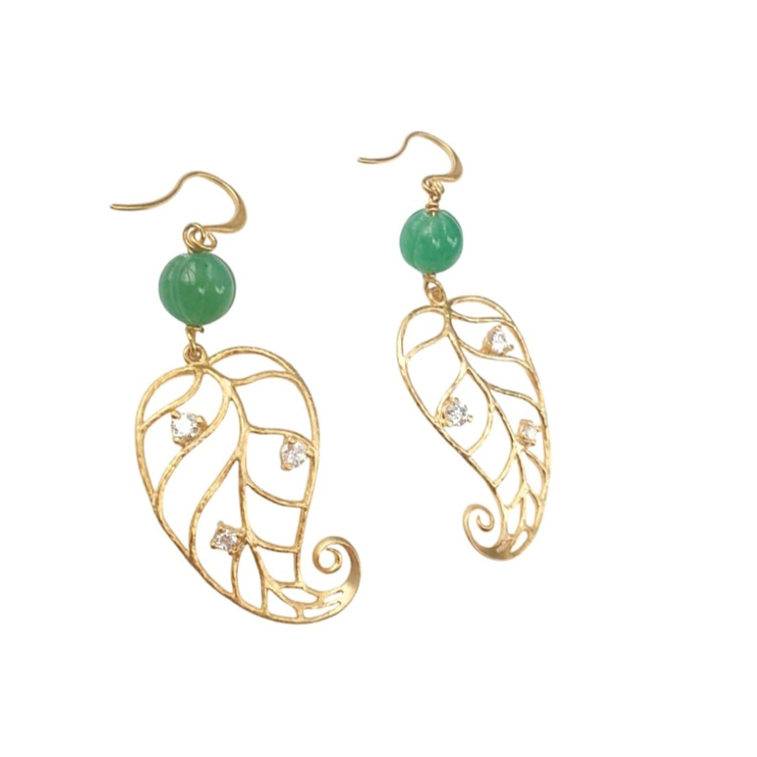 Way To Chic Women's Gold / Green Leaf Earrings With Green Aventurine And Crystals