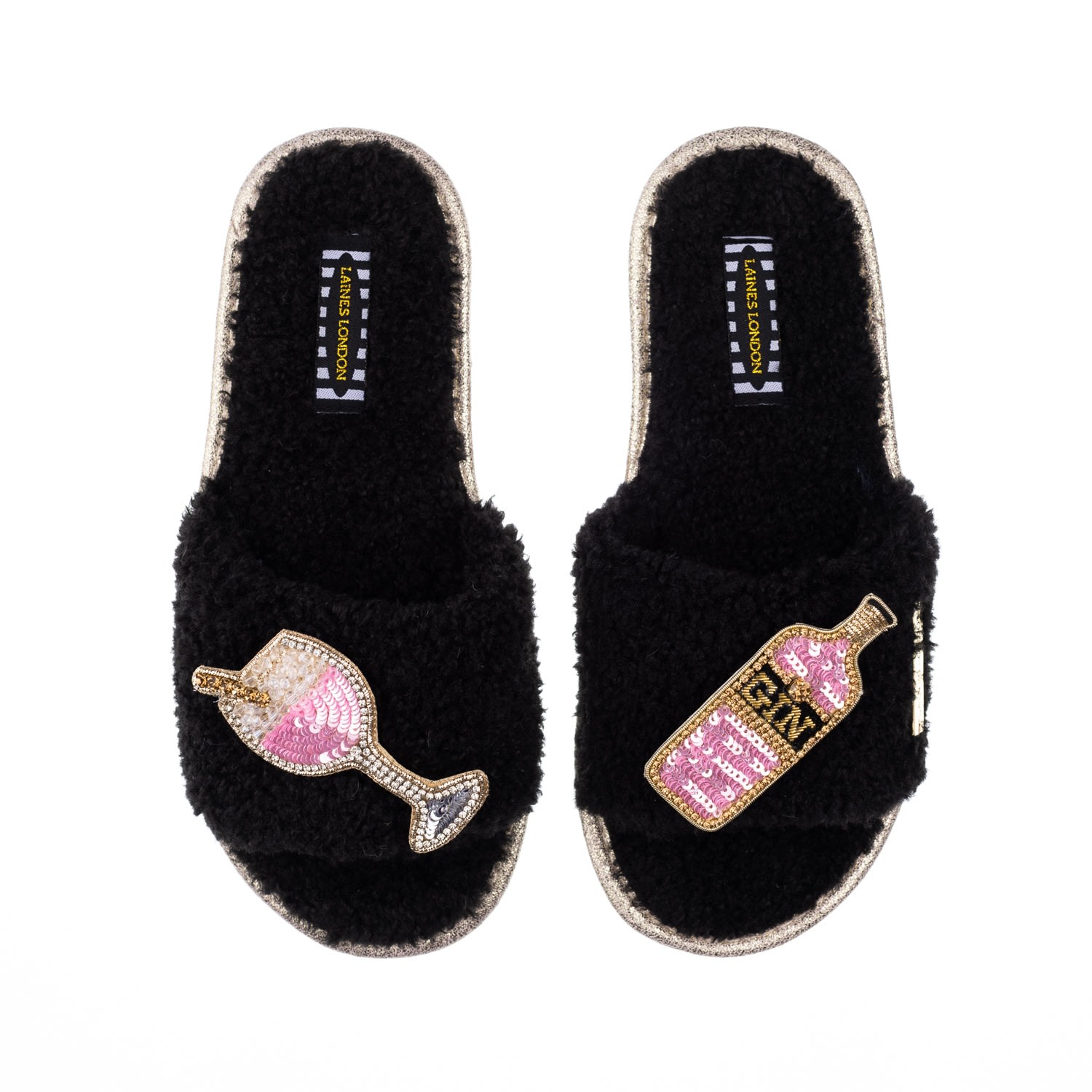 Women’s Teddy Towelling Slipper Sliders With Pink Gin Brooches - Black Medium Laines London