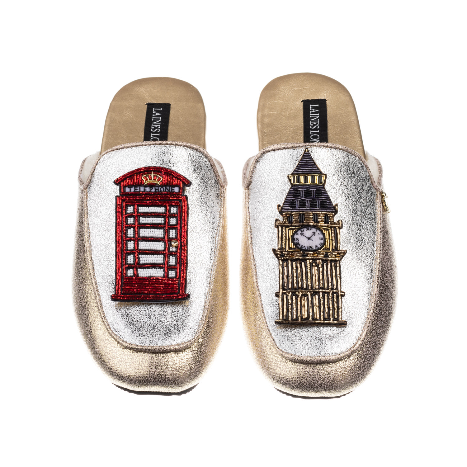 Laines London Women's Gold / Silver Classic Mules With Big Ben & Red Phone Box Brooches - Silver & Gold In Gold/silver