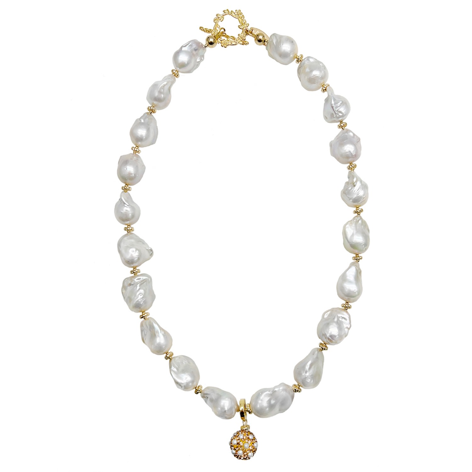 Farra Women's White Baroque Pearls With Removable Rhinestone Pendant Necklace