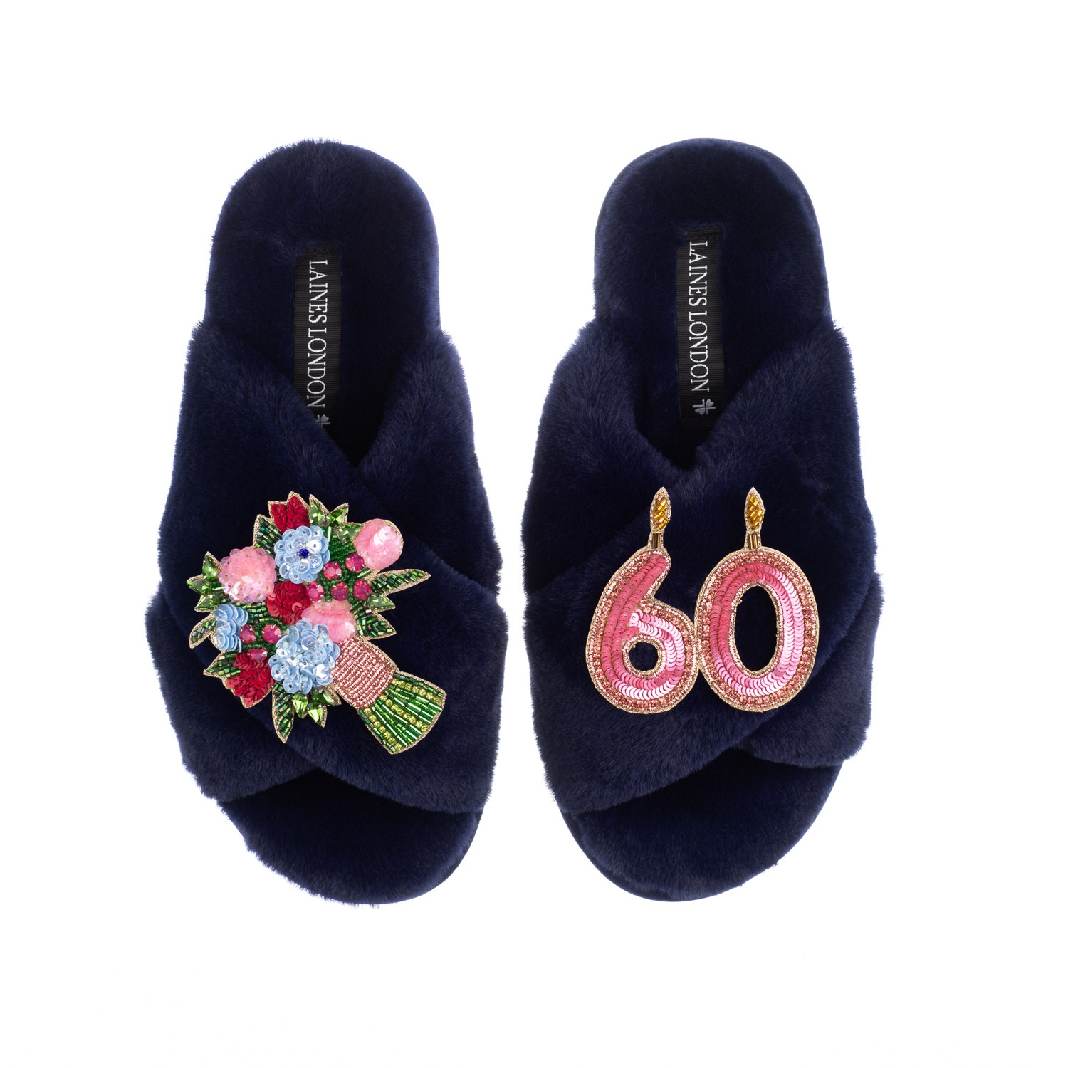 Laines London Women's Blue Classic Laines Slippers With 60th Birthday & Flowers Brooches - Navy In Blue