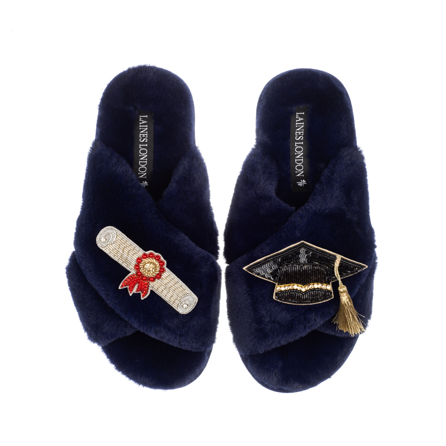 Laines London Women's Blue Classic Laines Slippers With Graduation Brooches - Navy In Blue