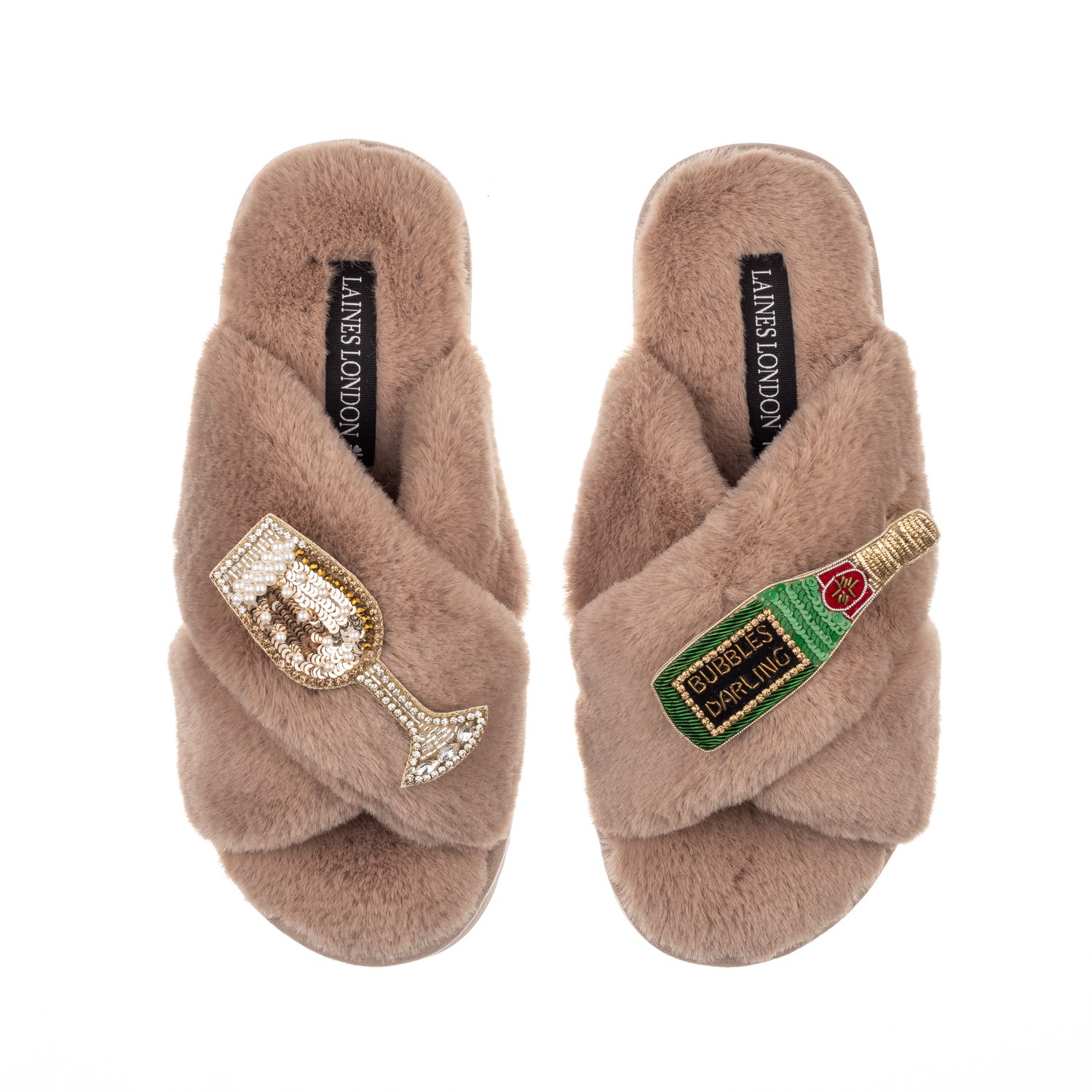 Women's Brown Classic Laines Slippers With Bubbles Darling Brooches - Toffee | Extra Large | Laines London