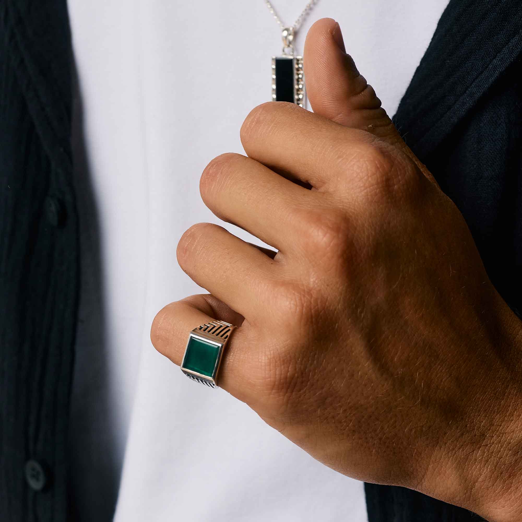 Sacred Universe Men's Silver Signet Ring - Green Onyx