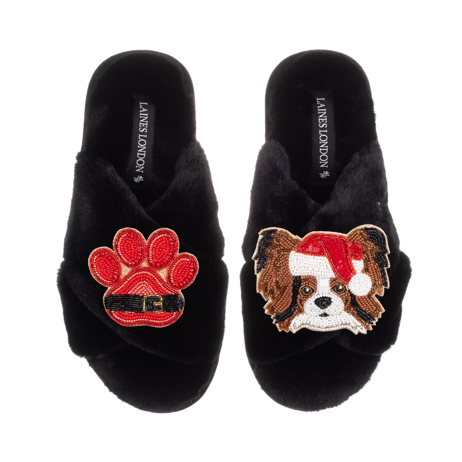 Laines London Women's Classic Slippers With Christmas Papillon & Paw Brooches - Black In Black