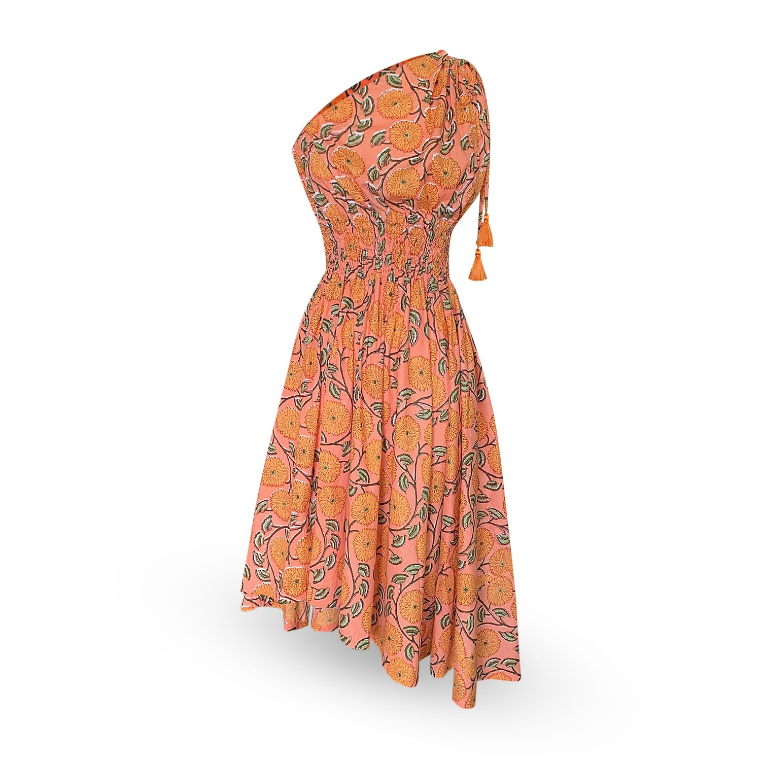 Women's Orange One Shoulder Asymmetry Goddess Cotton Dress With Silk Tassels Peach Floral Print | Large | Pick Happy