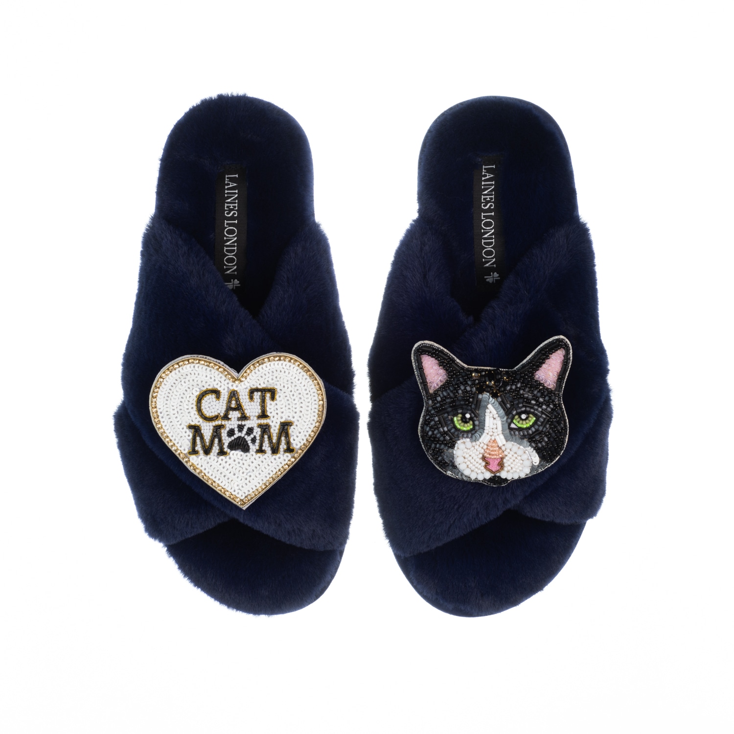 Women’s Blue Classic Laines Slippers With Cat Mum/Mom & Oreo Cat Brooches - Navy Large Laines London