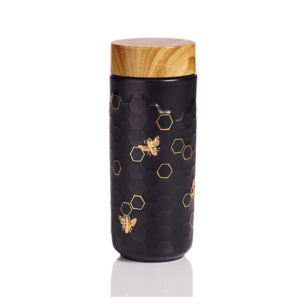 Acera Gold / Black Honey Bee Ceramic Travel Mug - Black And Hand-painted Gold