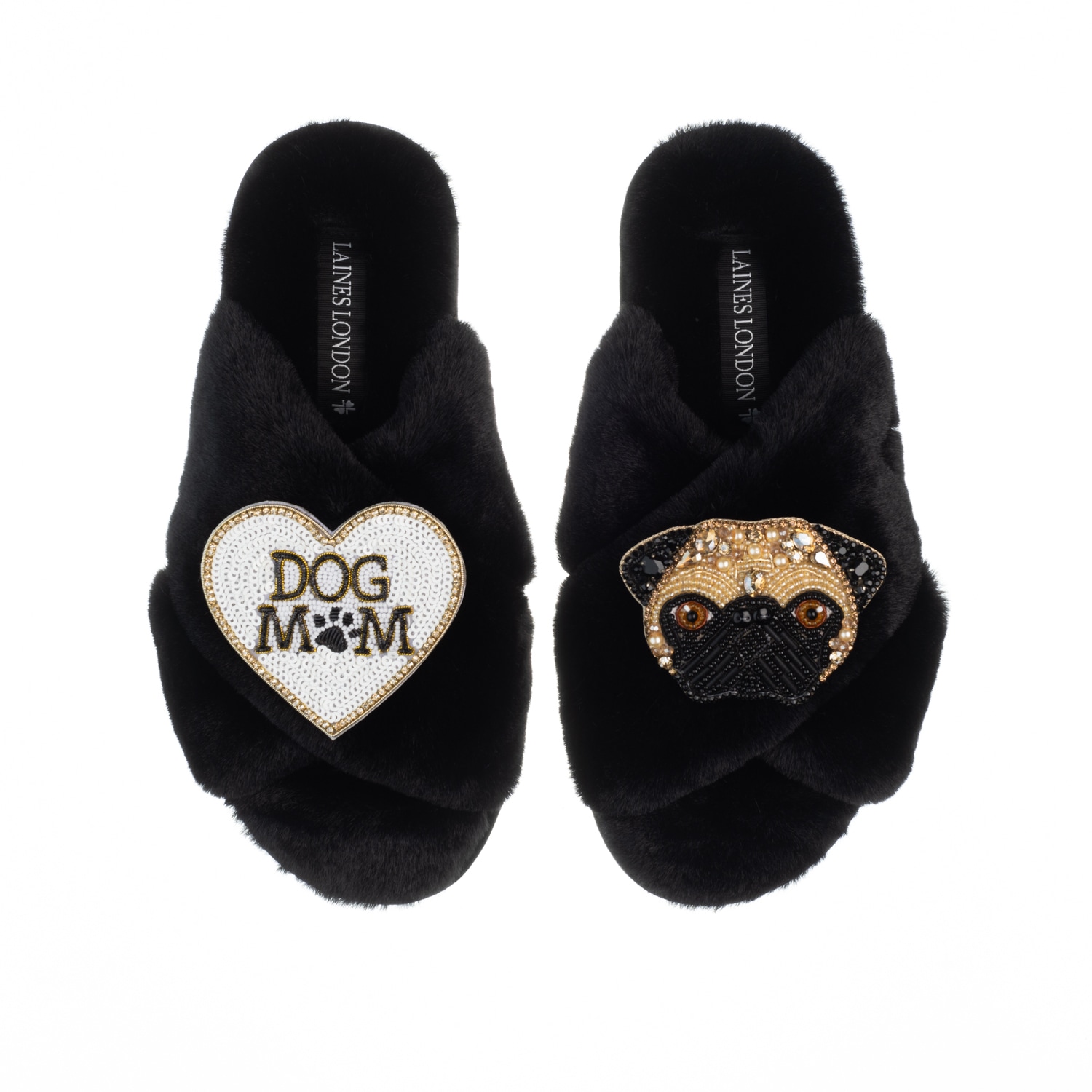 Laines London Women's Classic Laines Slippers With Franki Pug & Dog Mum / Mom Brooches - Black In Black