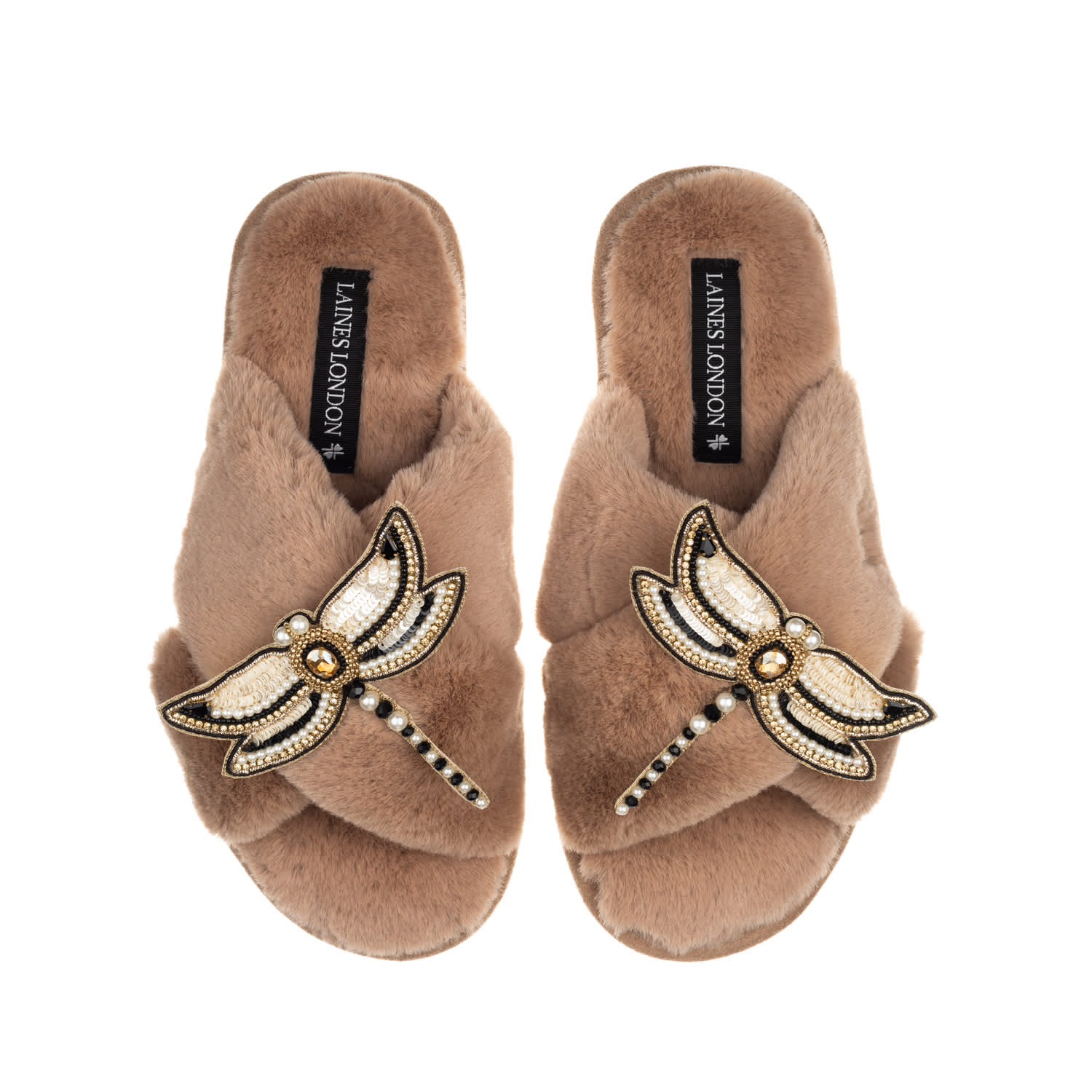 Laines London Women's Brown Classic Laines Slippers With Double Dragonfly Brooches - Toffee In Brown