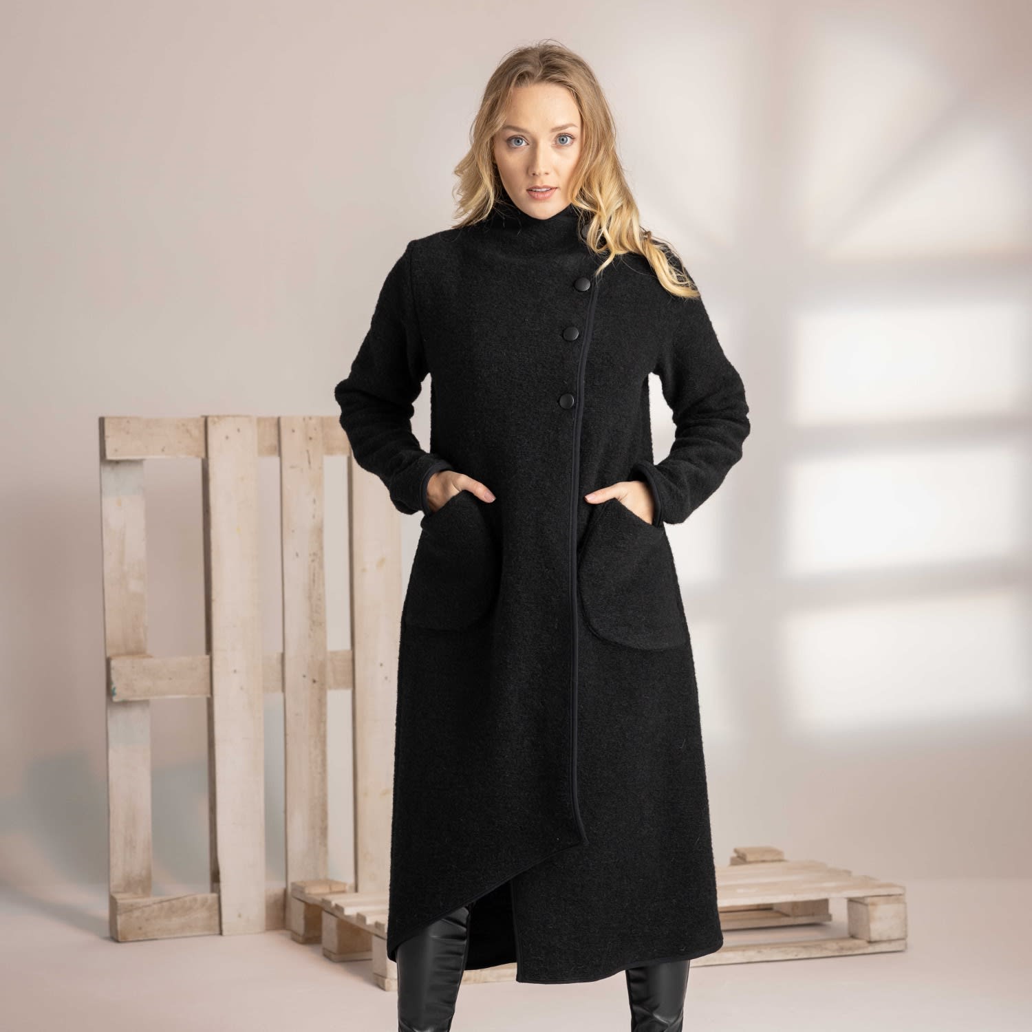 Wool Asymmetrical Wrap Cardigan Coat With Buttons And Pockets In