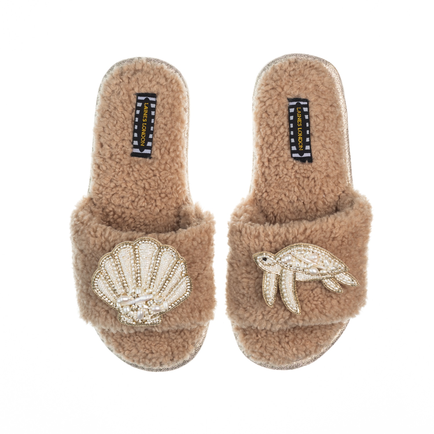 Laines London Women's Brown Teddy Toweling Slipper Sliders With Beaded Shell & Turtle Brooches - Toffee
