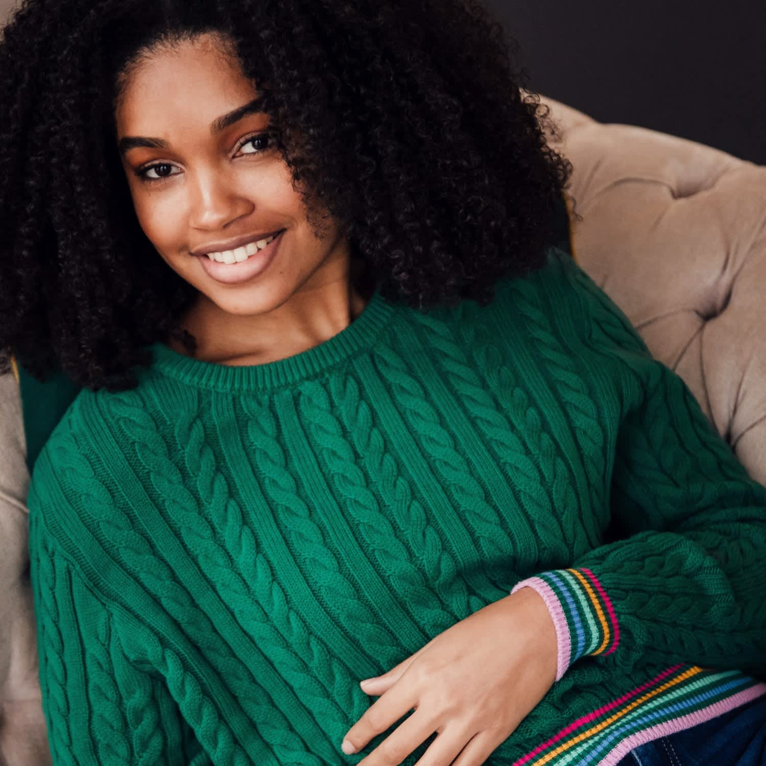 Barbara Cable Knit Jumper Green, Rainbow Tipping | Sugarhill