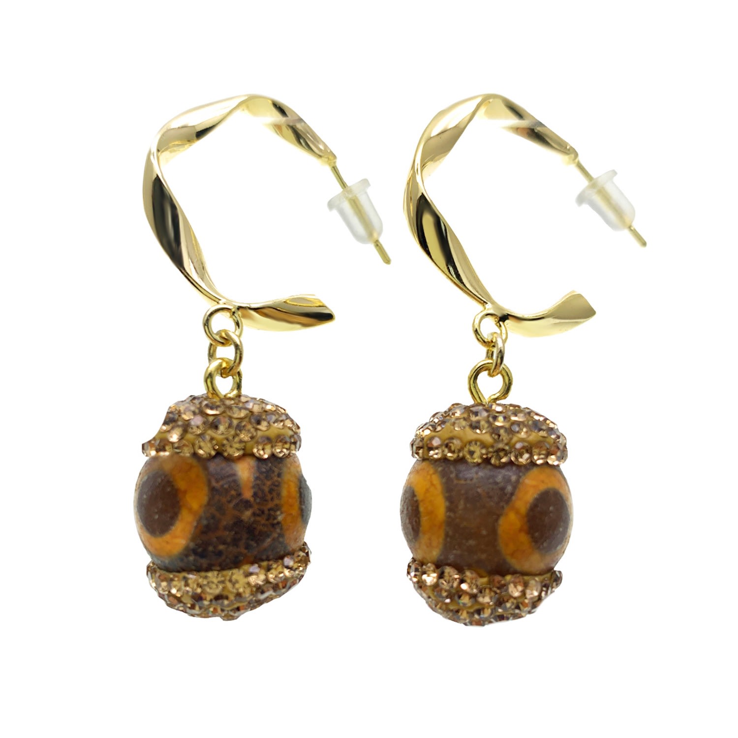 Farra Women's Brown Tibetan Dzi Bead With Rhinestones Hook Earrings