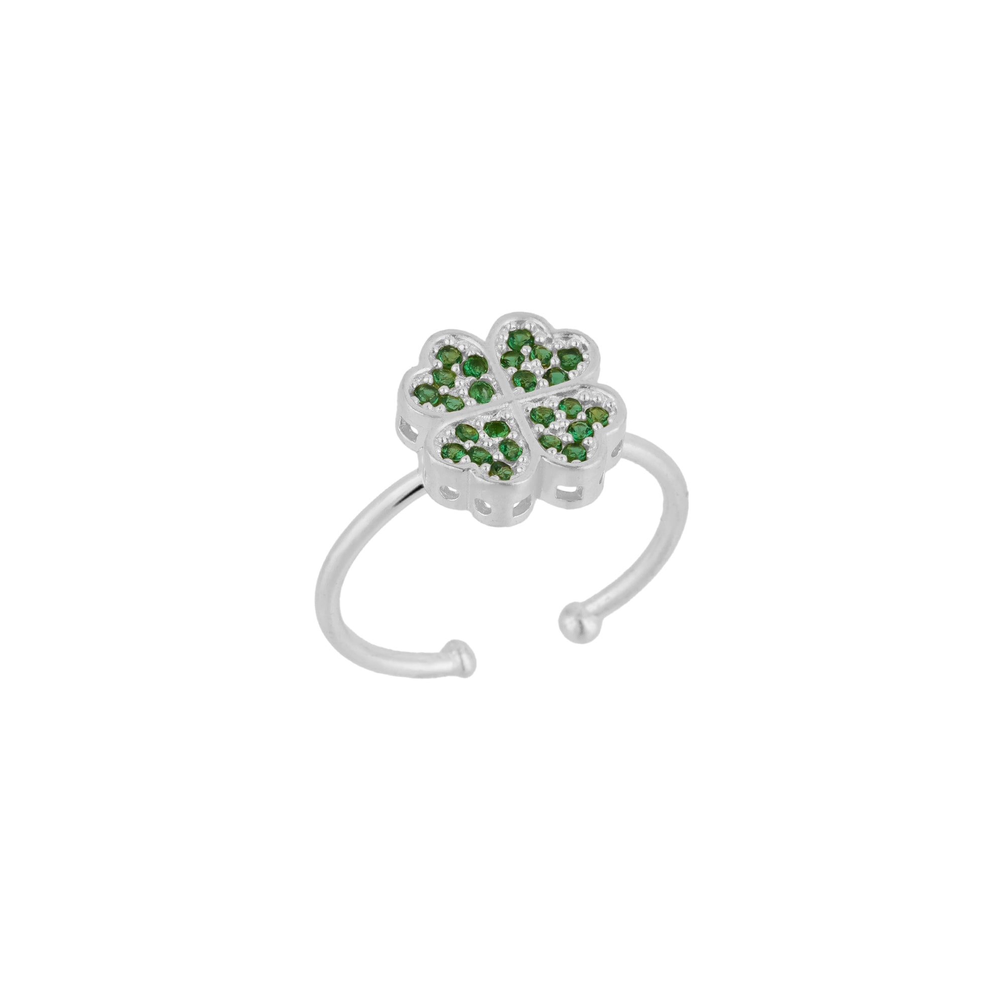 Women&rsquo;s Green / Silver Four Leaves Clover Ring In Silver With Green Gemstones | Mejoma