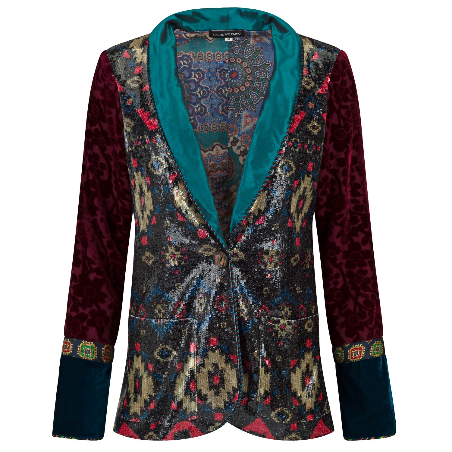 Boutique Kaotique Women's Black / Blue / Silver Sequin And Velvet Blazer In Black/blue/silver