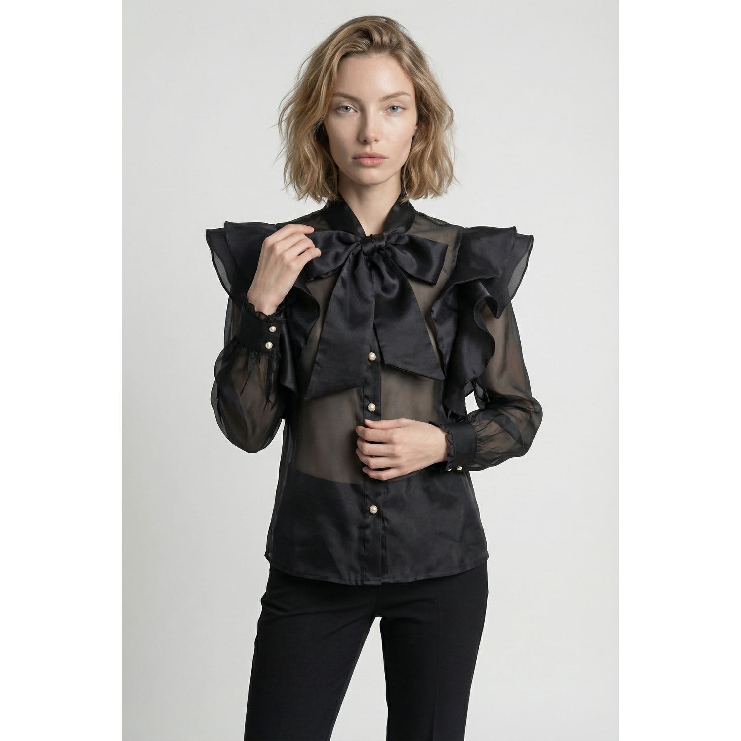 Sheer Ruffle Blouse With Statement Bow | Modenaire | Wolf & Badger