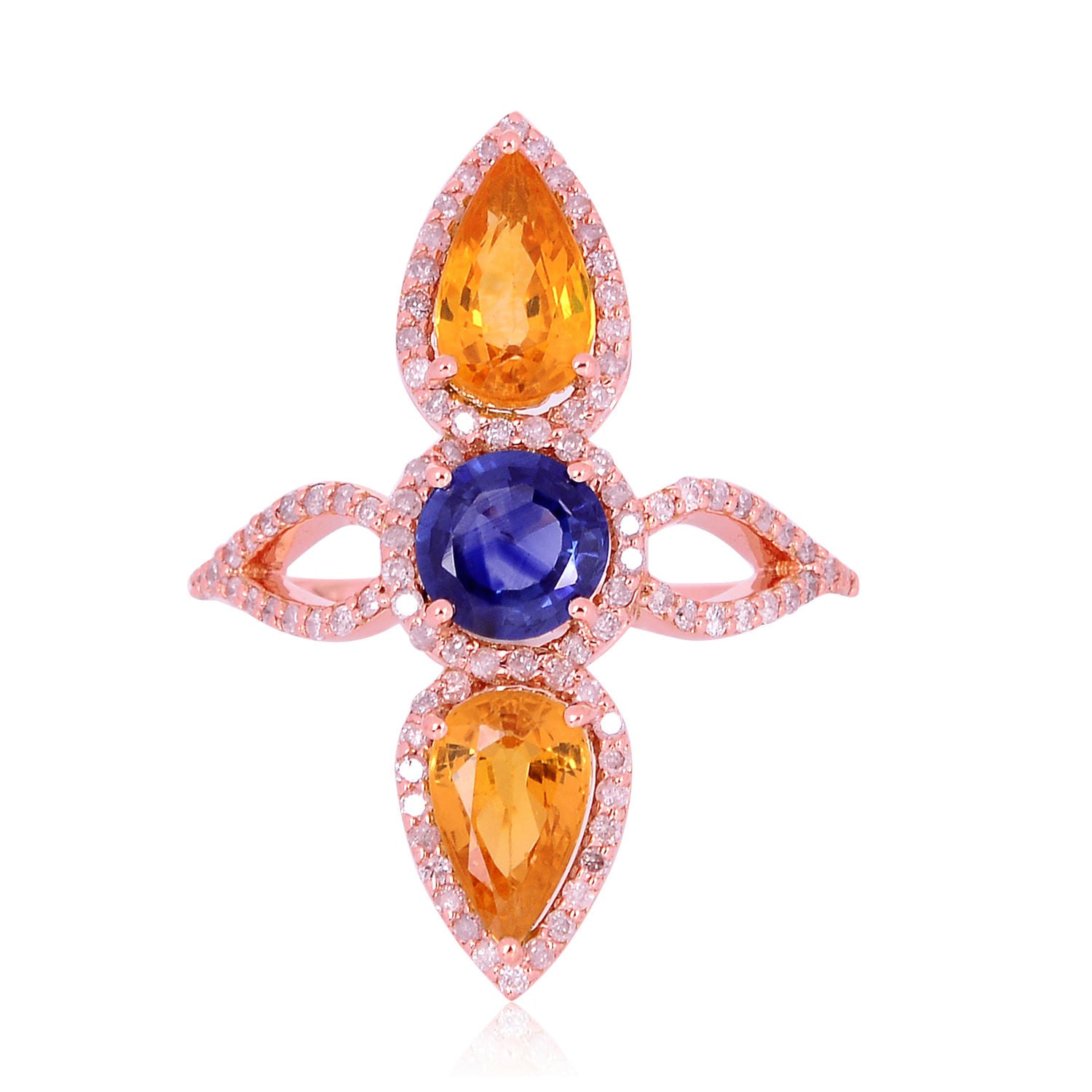 Artisan Women's Pink Rose Gold Three-stone Ring With Multicolor Sapphires & Pavé Diamonds In Pink