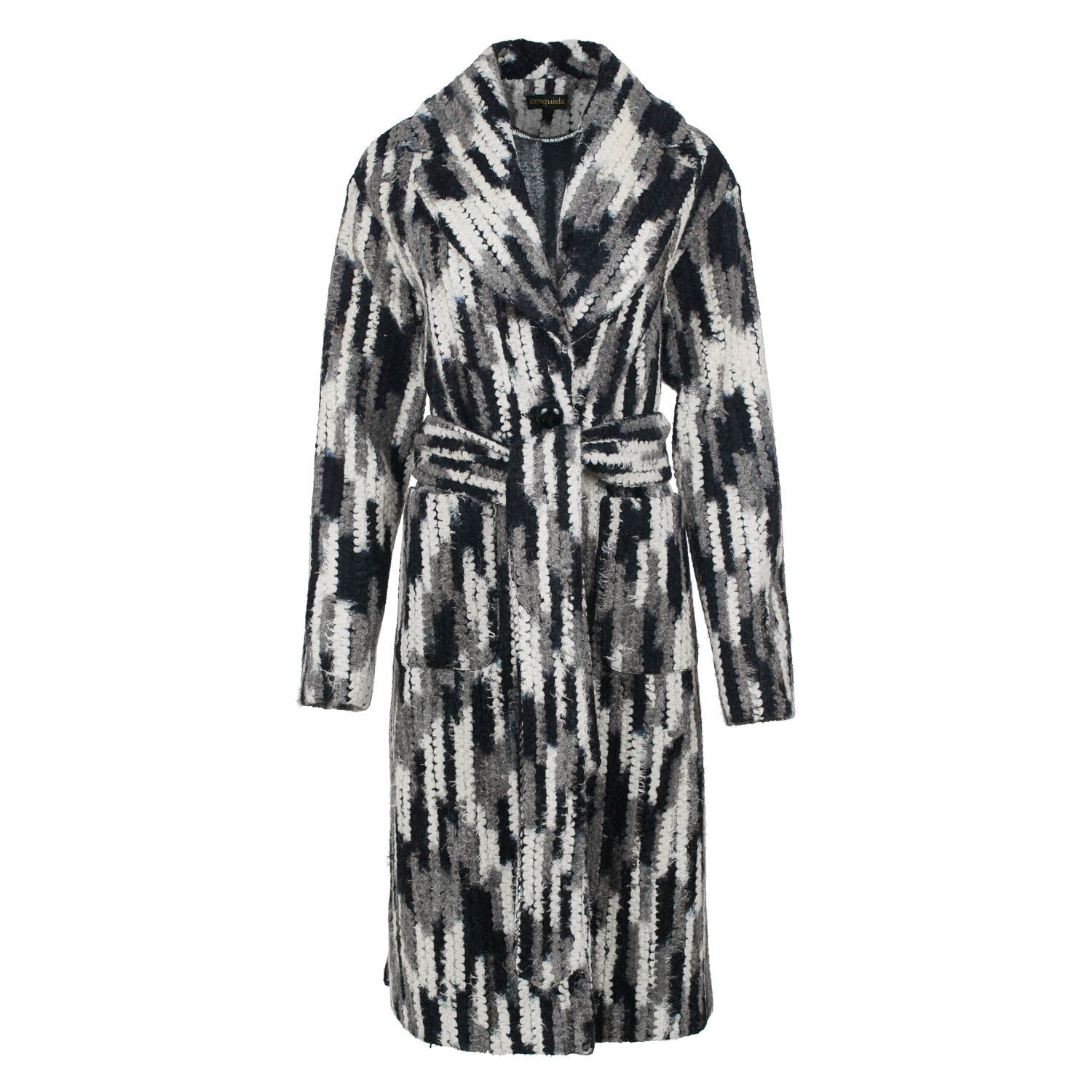 Women's Grey Long Wool Blend Jacquard Style Coat In Neutral Shades With Belt | Medium | Conquista