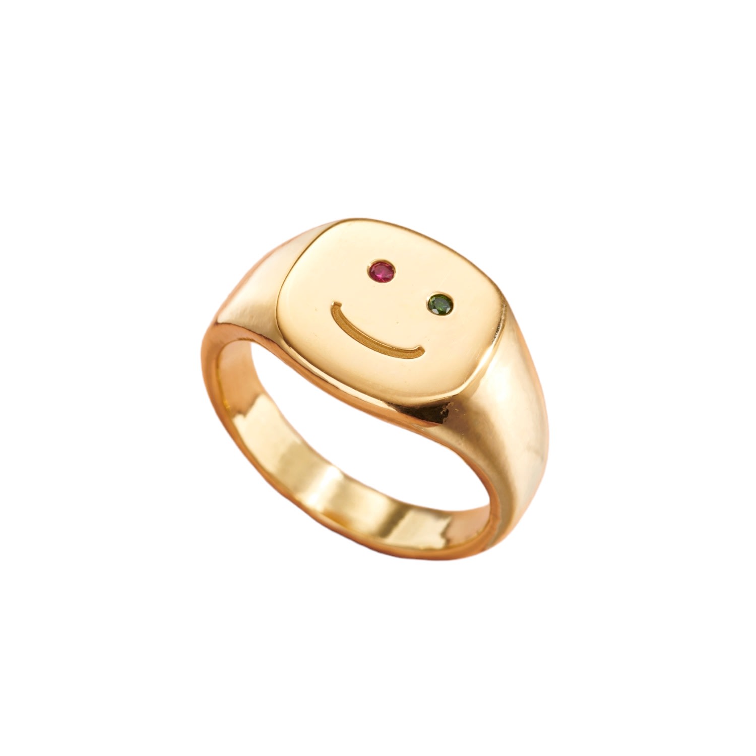 Women’s Gold Plated Ruby & Emerald Diamond Happy Face Signet Ring Posh Totty Designs